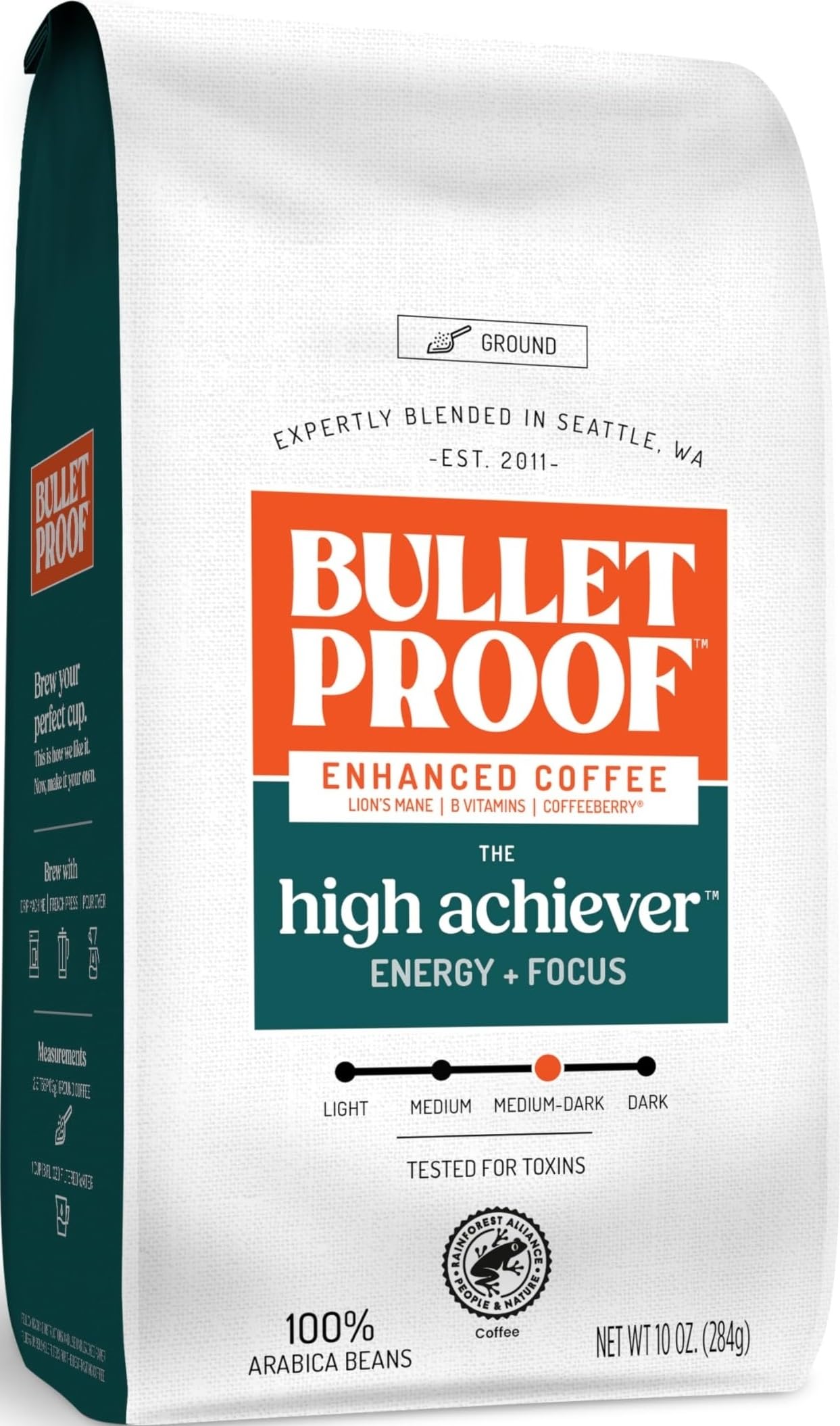 Bulletproof paquete frontal 10 oz mostrando marca y diseño, conveniencia inmediata