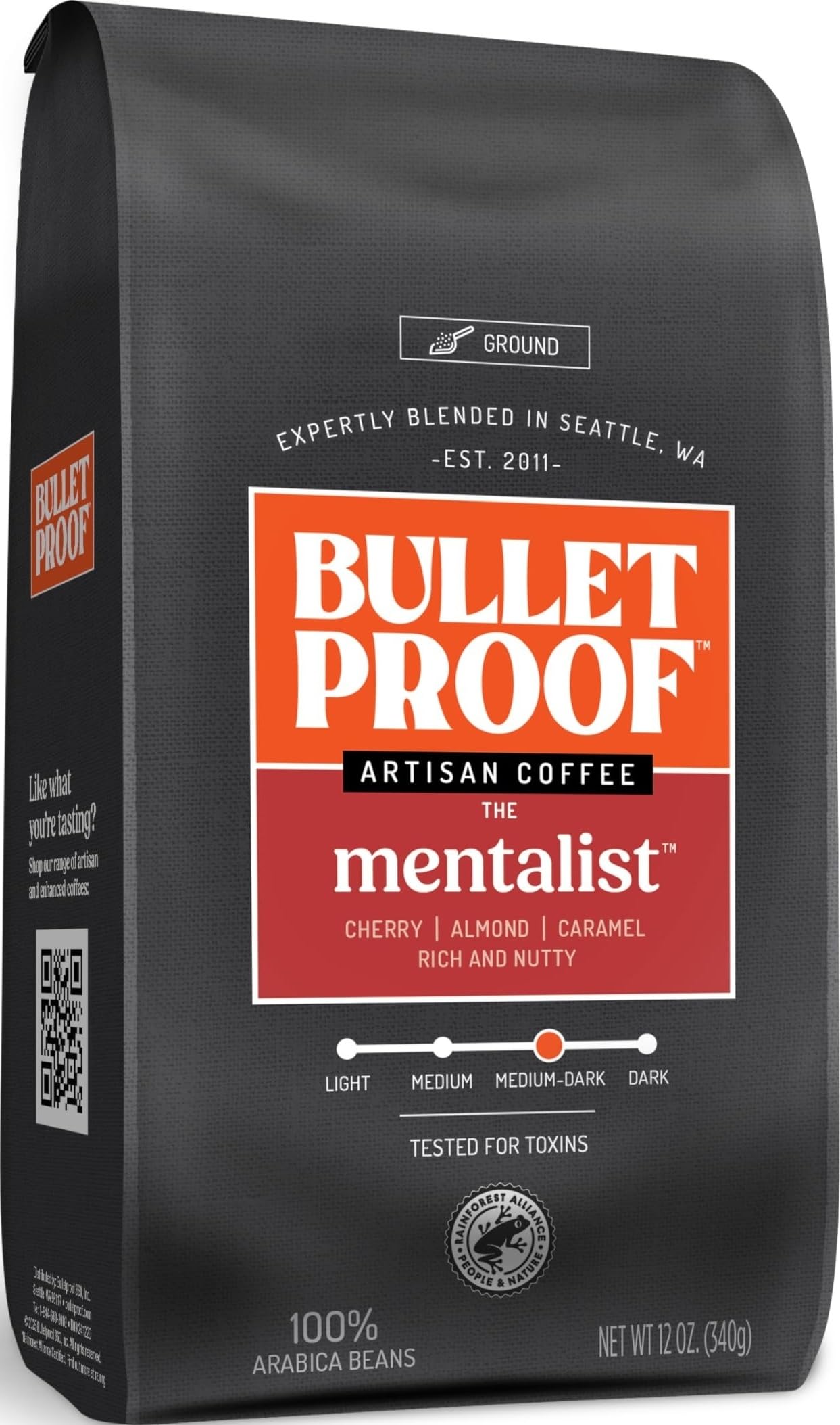 Bulletproof Mentalist frente del paquete mostrando 12 oz y receta clara