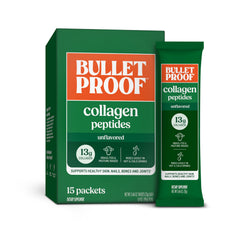 Bulletproof sobre frontal mostrando empaque práctico y porciones