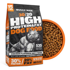 Bully Max paquete frontal 15 lb mostrando diseño y beneficios
