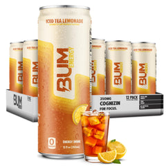 Bum Energy lata frontal sabor iced tea lemonade con diseño claro y refrescante
