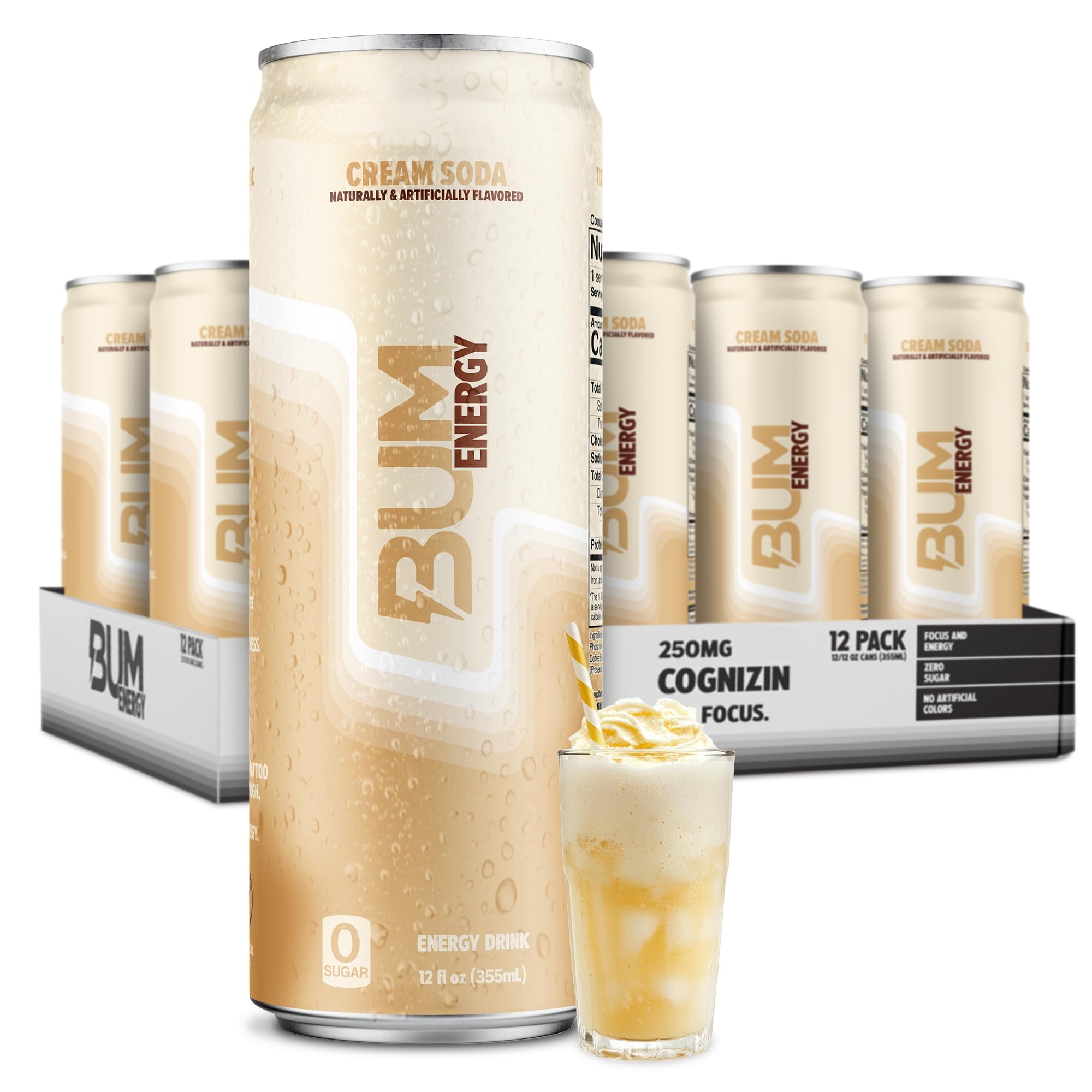 Bum Energy lata cream soda al frente, muestra diseño y conveniencia
