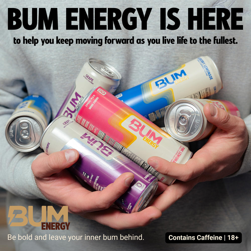 Bum Energy lata sobre escritorio con portátil, impulsa concentración laboral