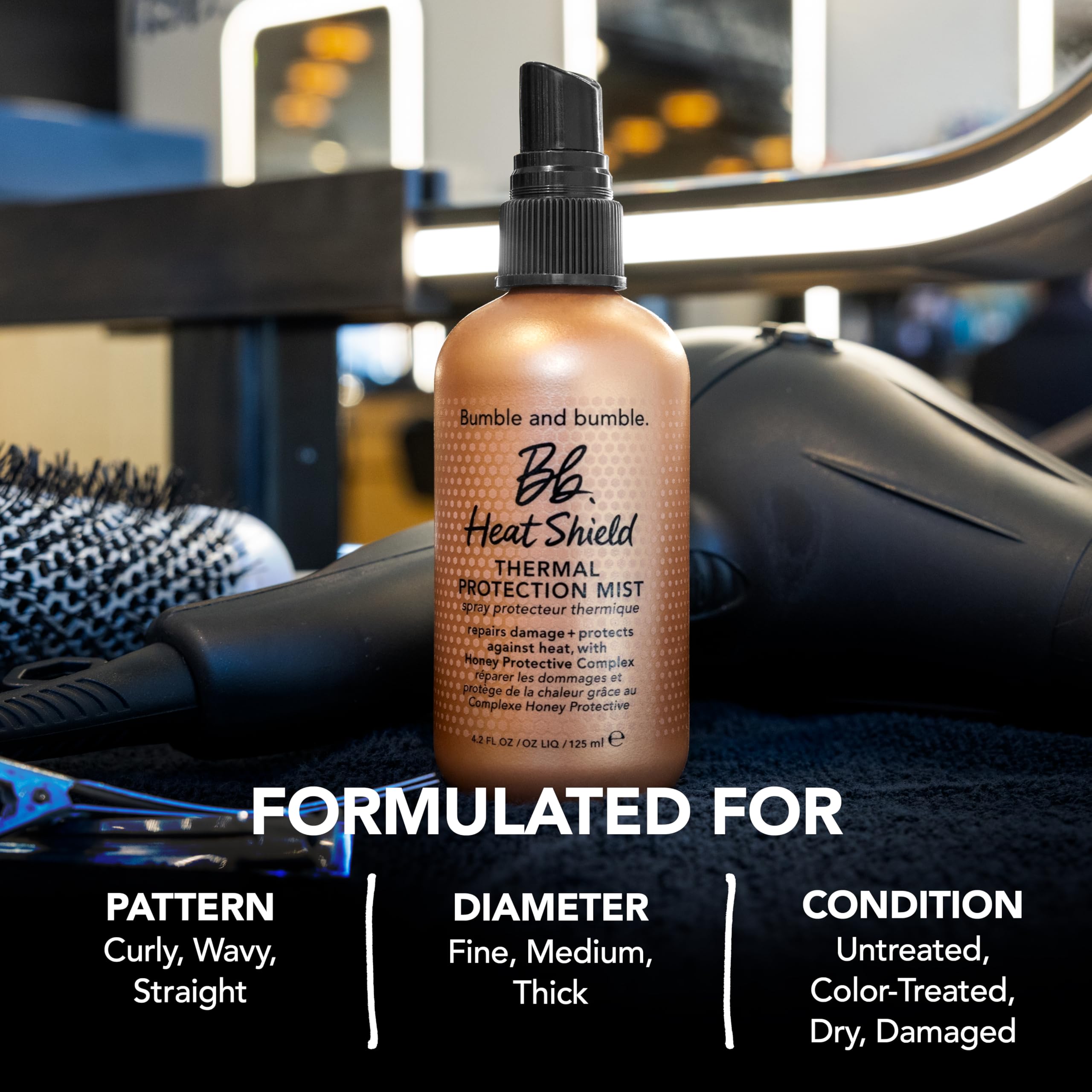 Bumble and bumble etiqueta con ingredientes destacando Honey Protective Complex