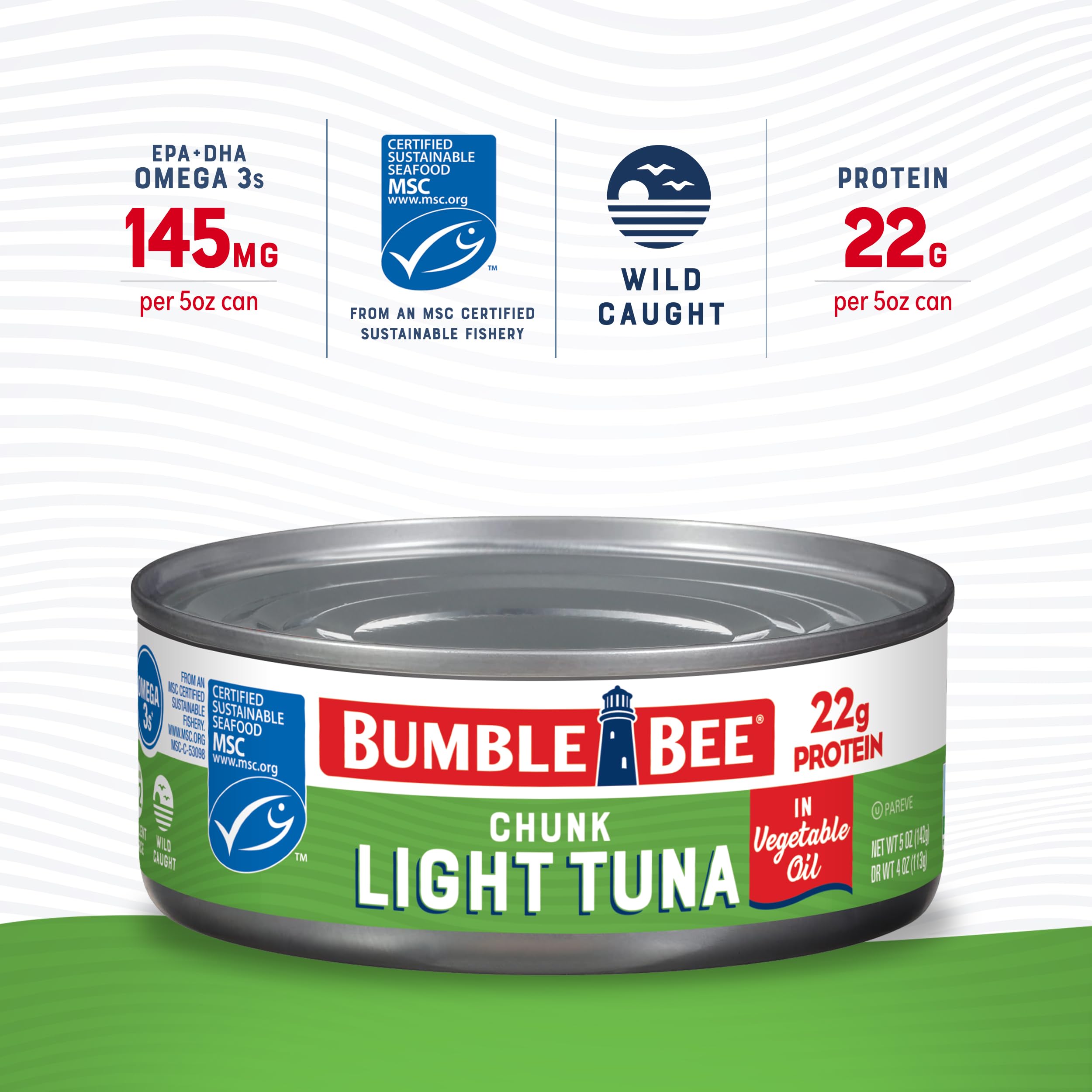 Bumble Bee open can revealing chunky tuna in oil for hearty meals