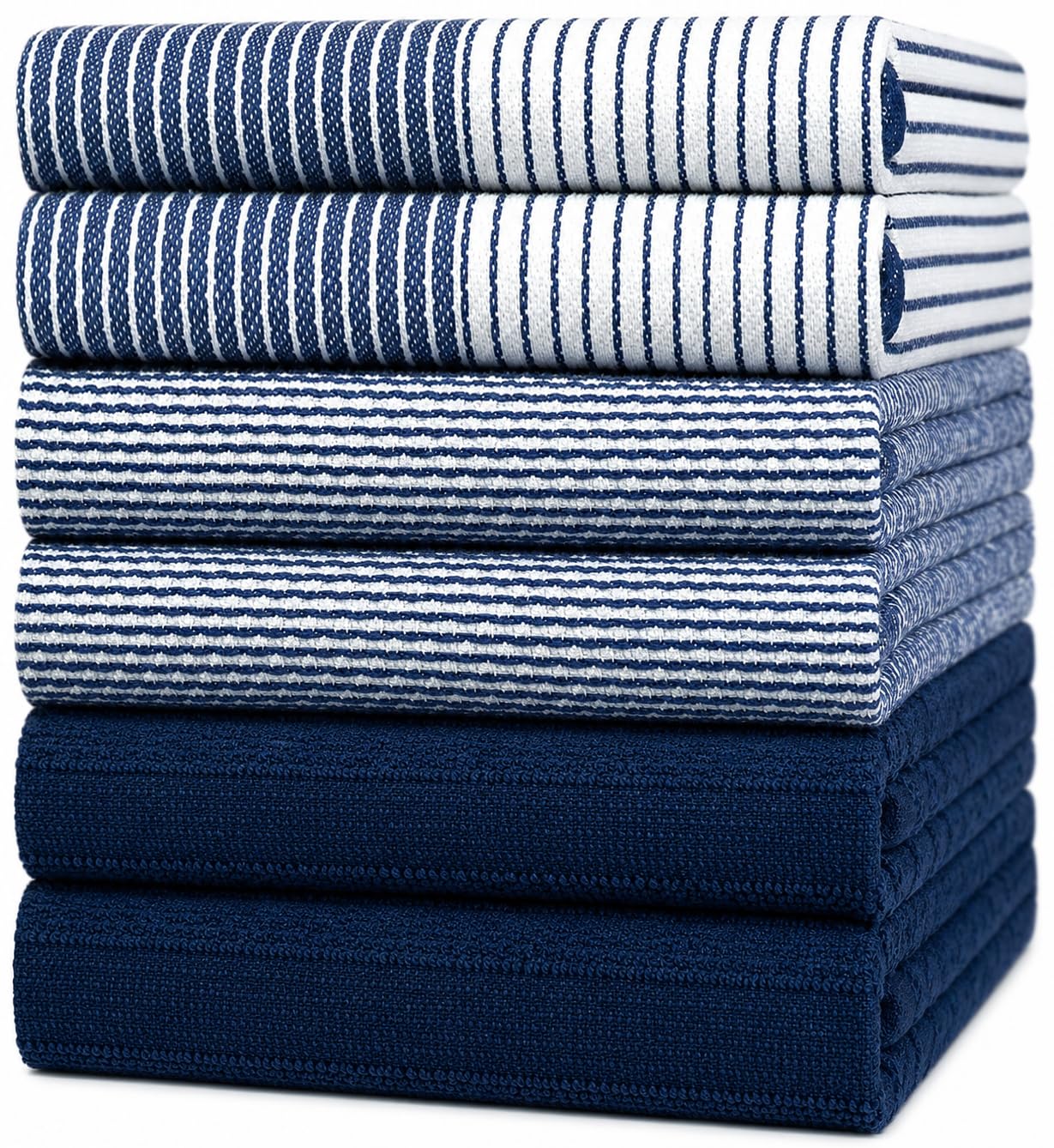 Bumble Towels paquete frontal azul marino mostrando seis toallas, aspecto ordenado