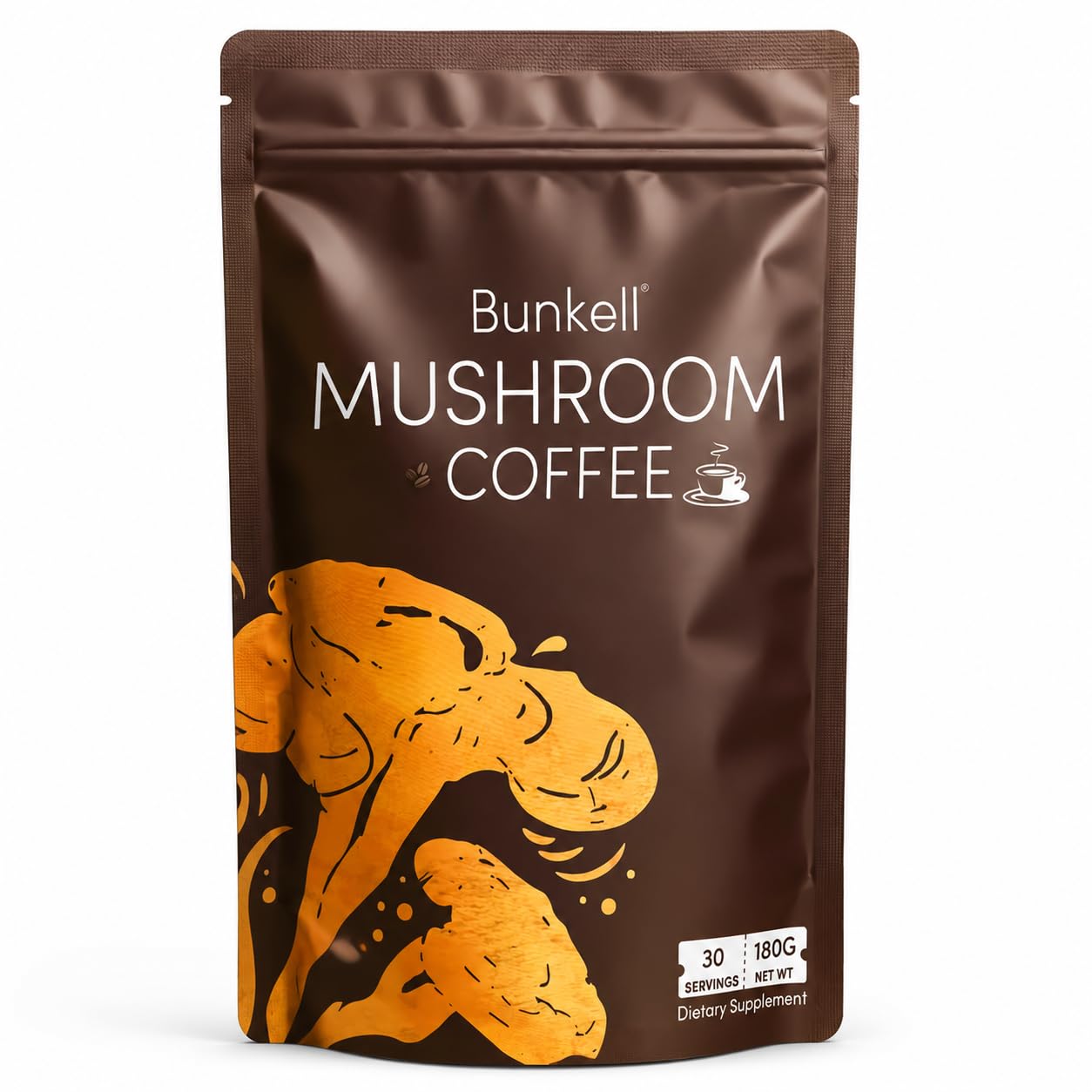 Bunkell ingredientes con hongos dispuestos y etiqueta informativa