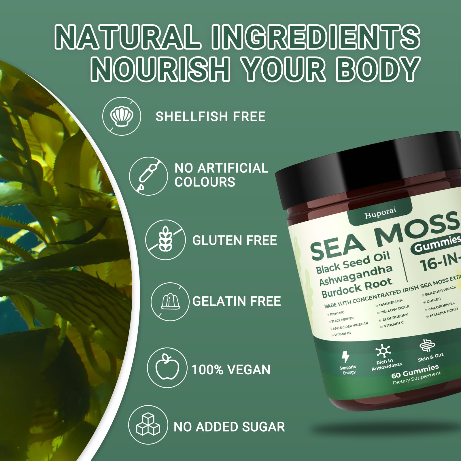 Buporai ingredientes clave collage con sea moss y cúrcuma visibles