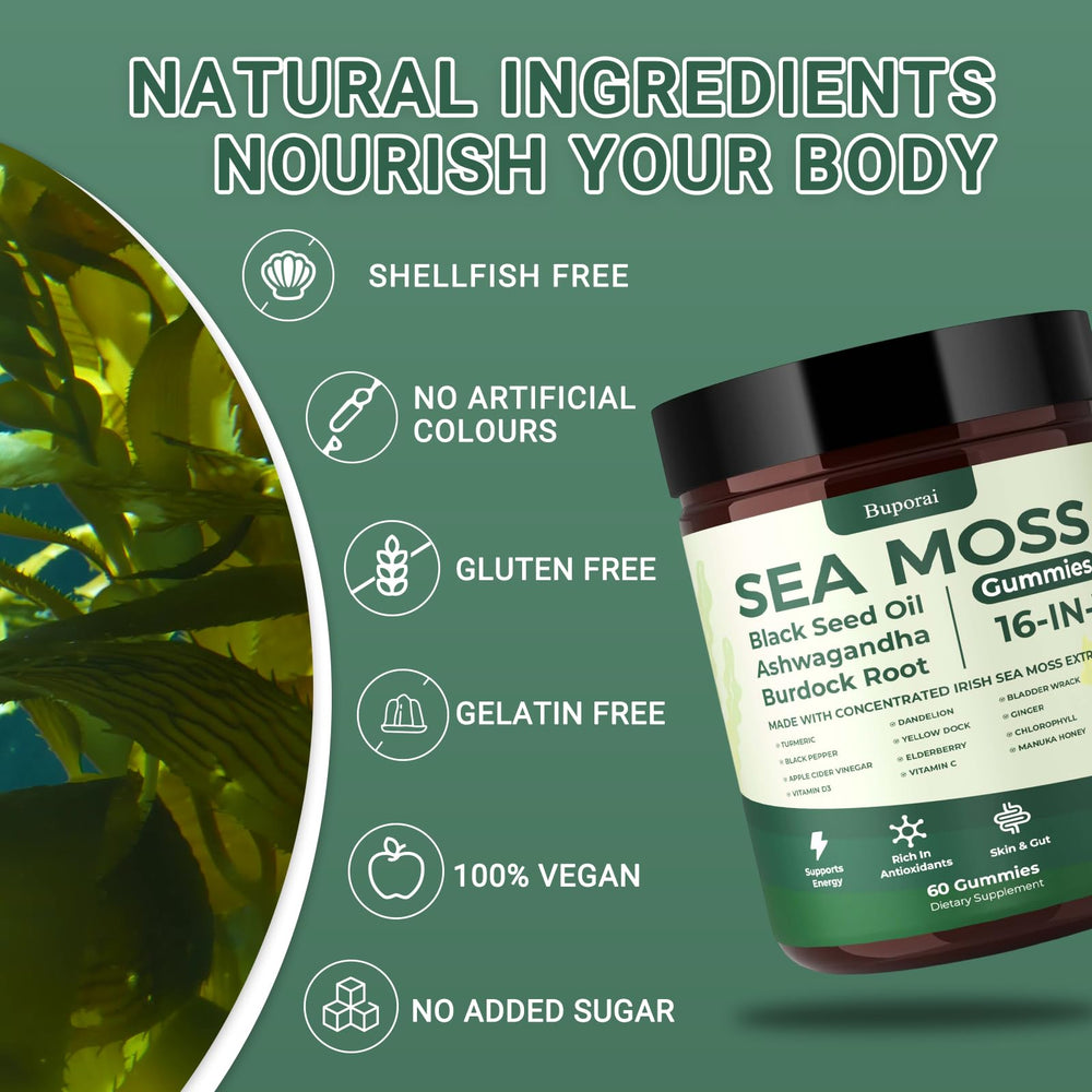 Buporai ingredientes clave collage con sea moss y cúrcuma visibles