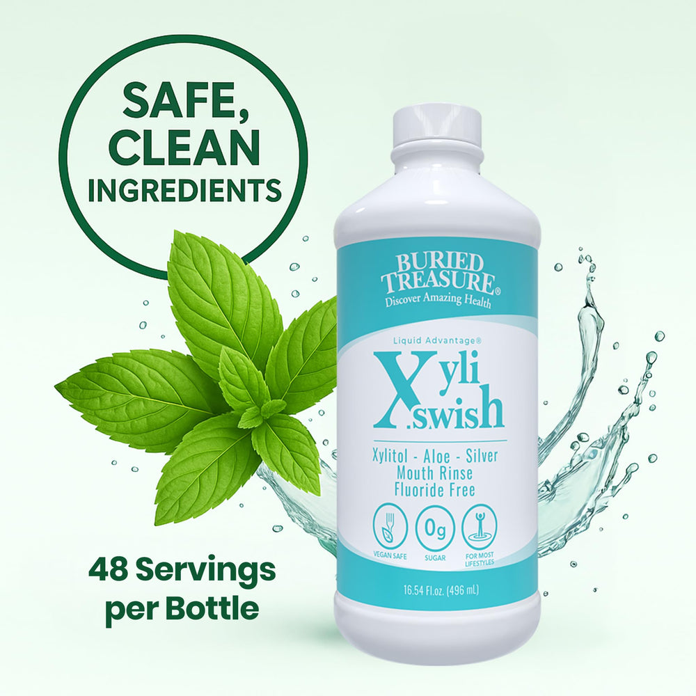 Buried Treasure Xyli Swish con hojas de menta real resaltando sabor