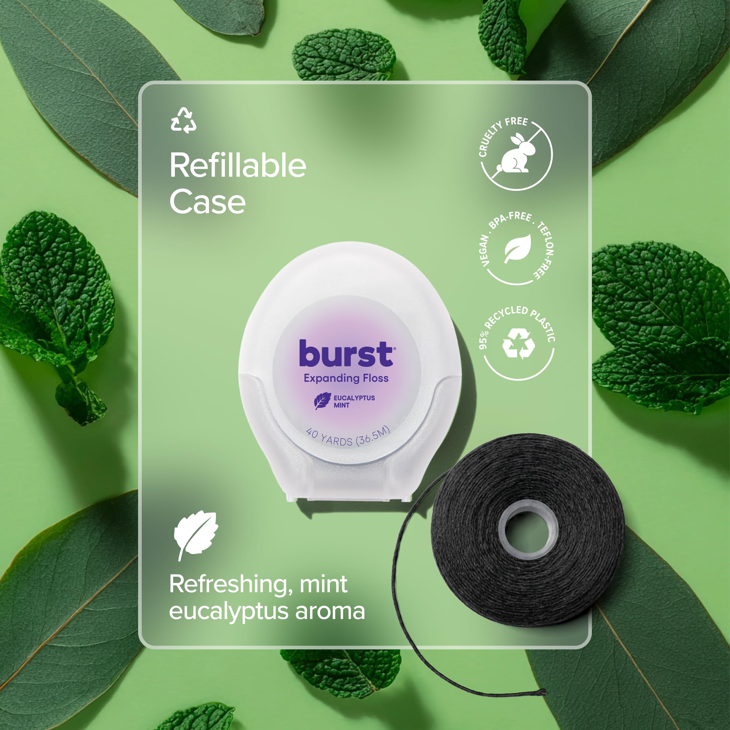 Burst hilo dental colocado en un entorno de baño mostrando uso cotidiano