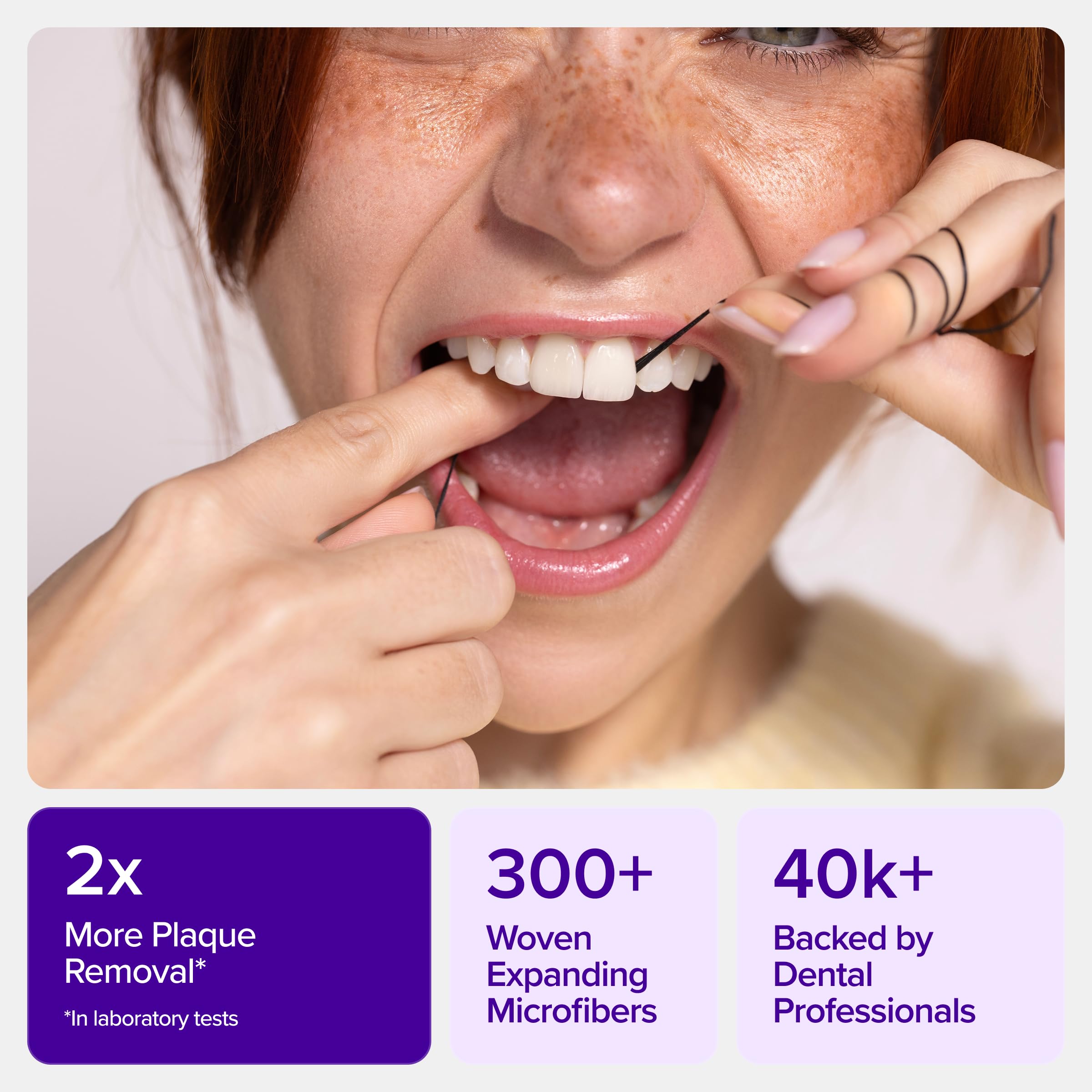 Burst hilo dental junto a objetos de baño para comparar tamaño y portabilidad