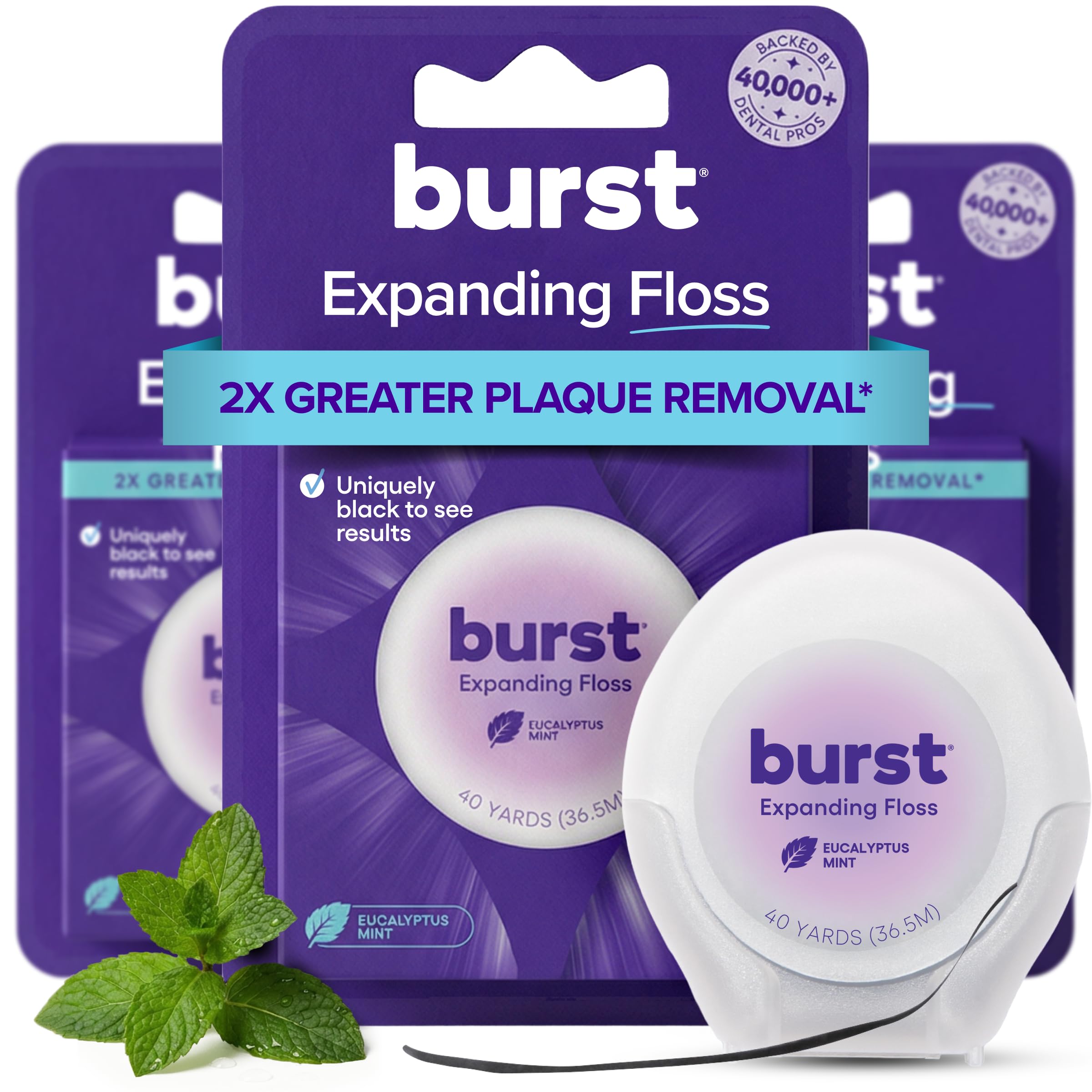 Burst envase frontal compacto y recargable mostrando 120 yards y diseño reciclado