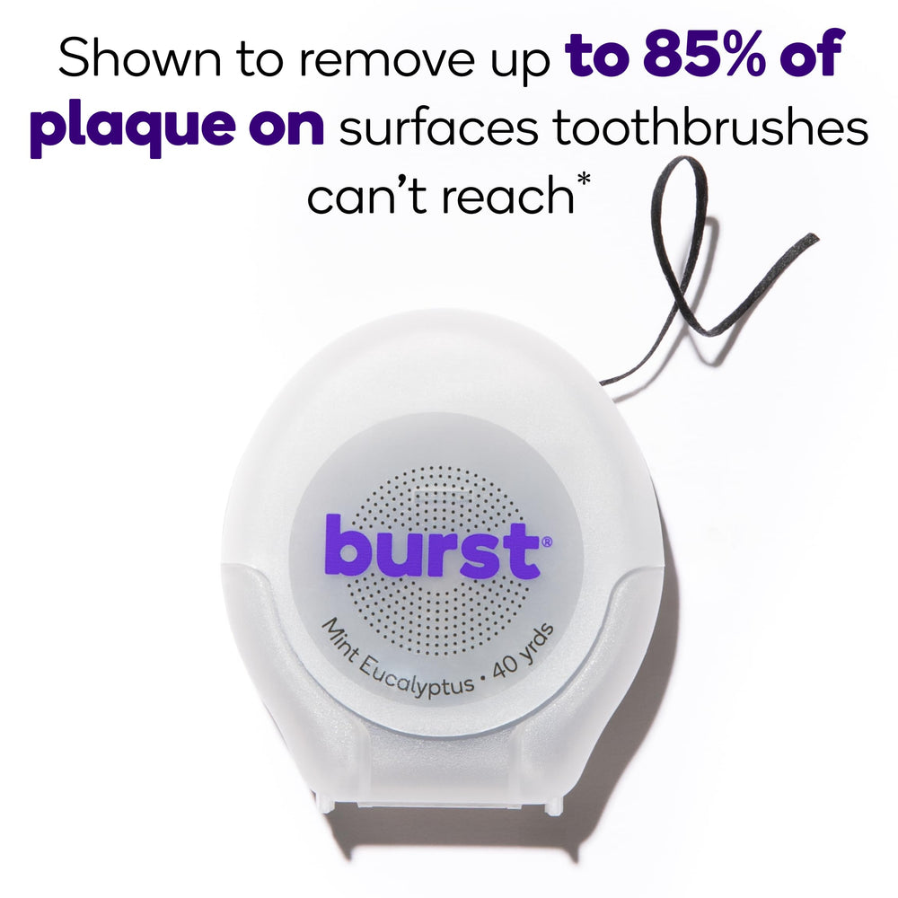 Burst hilo dental en uso entre dientes demostrando eliminación de residuos