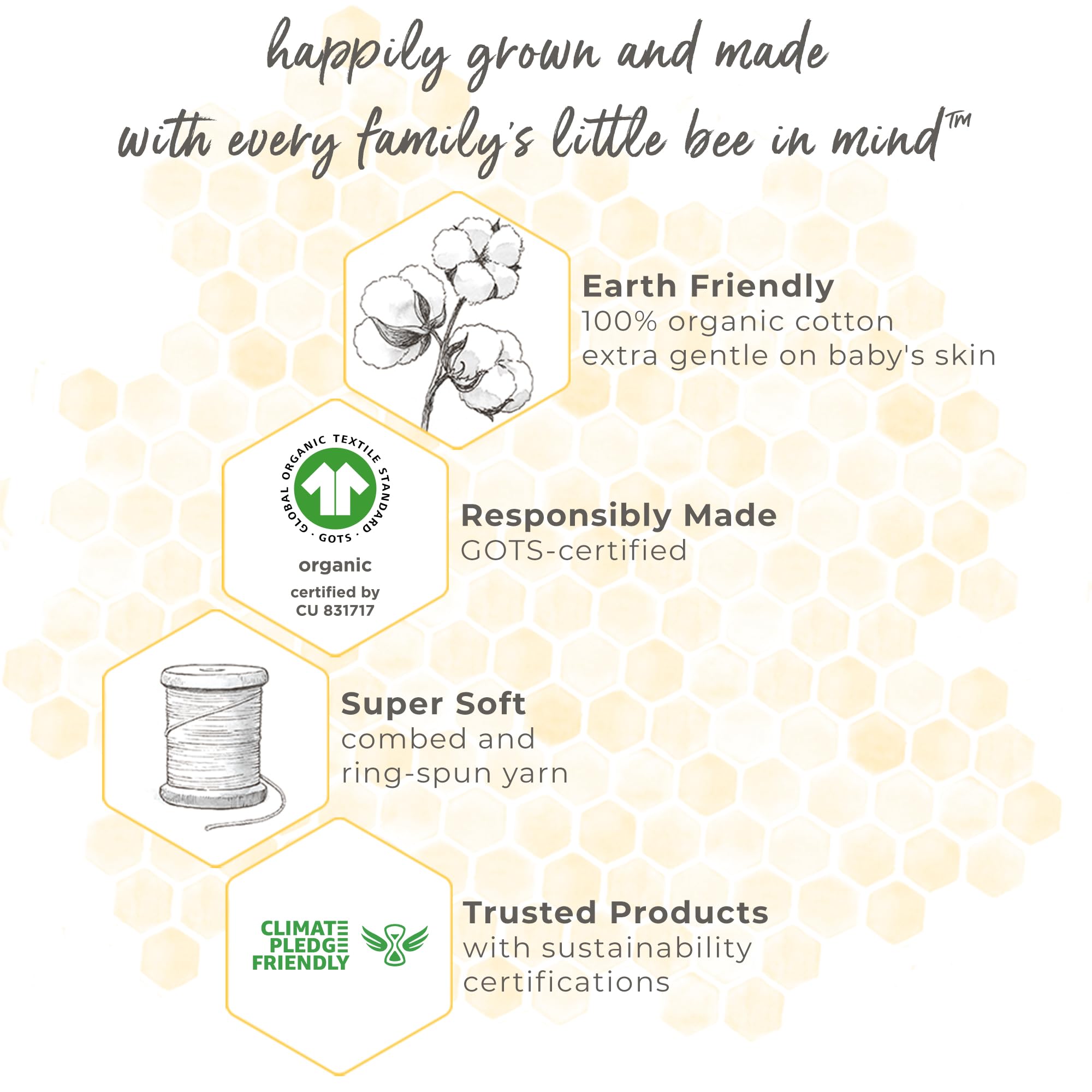 Burt's Bees Baby etiqueta certificada y composición 100% algodón orgánico visible