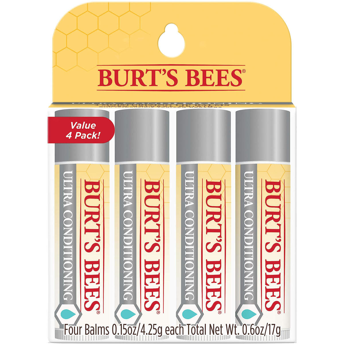 Burt's Bees frente del empaque mostrando cuatro tubos y beneficio de hidratación inmediata