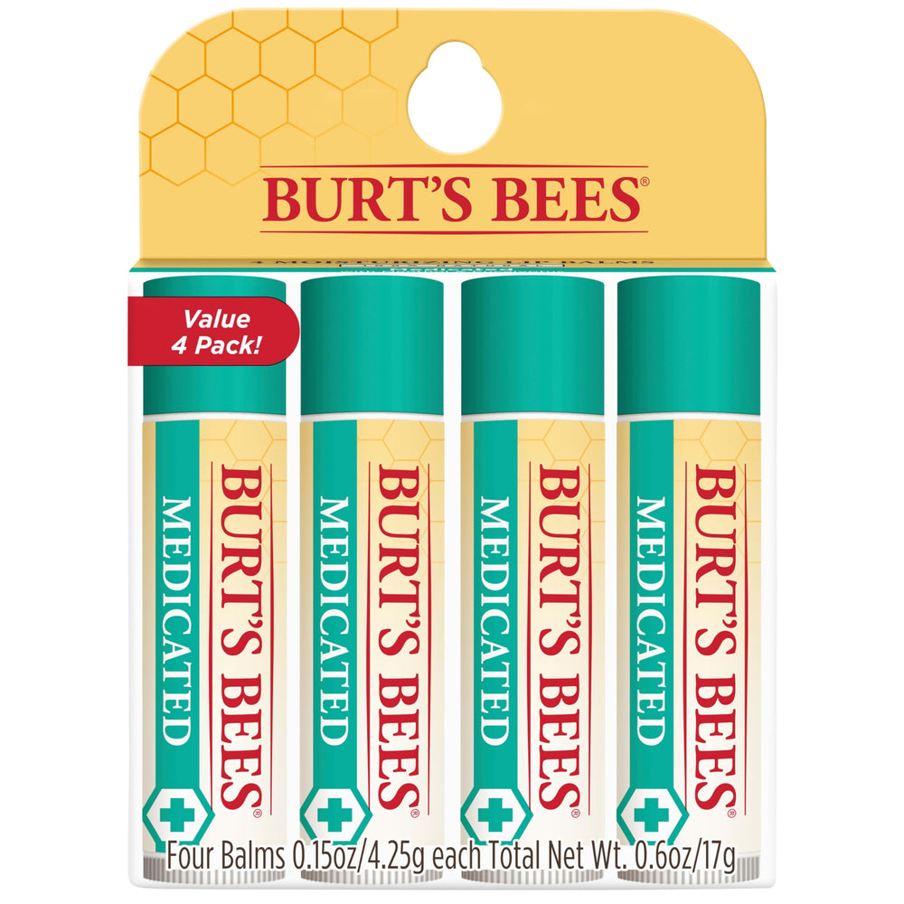 Burt's Bees frente del empaque mostrando los cuatro tubos y beneficios naturales