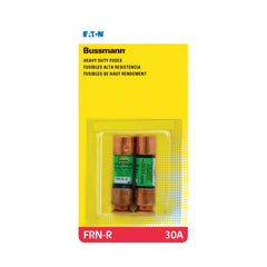 Bussmann FRN-R-30 vista frontal del fusible mostrando identificación y beneficio de protección