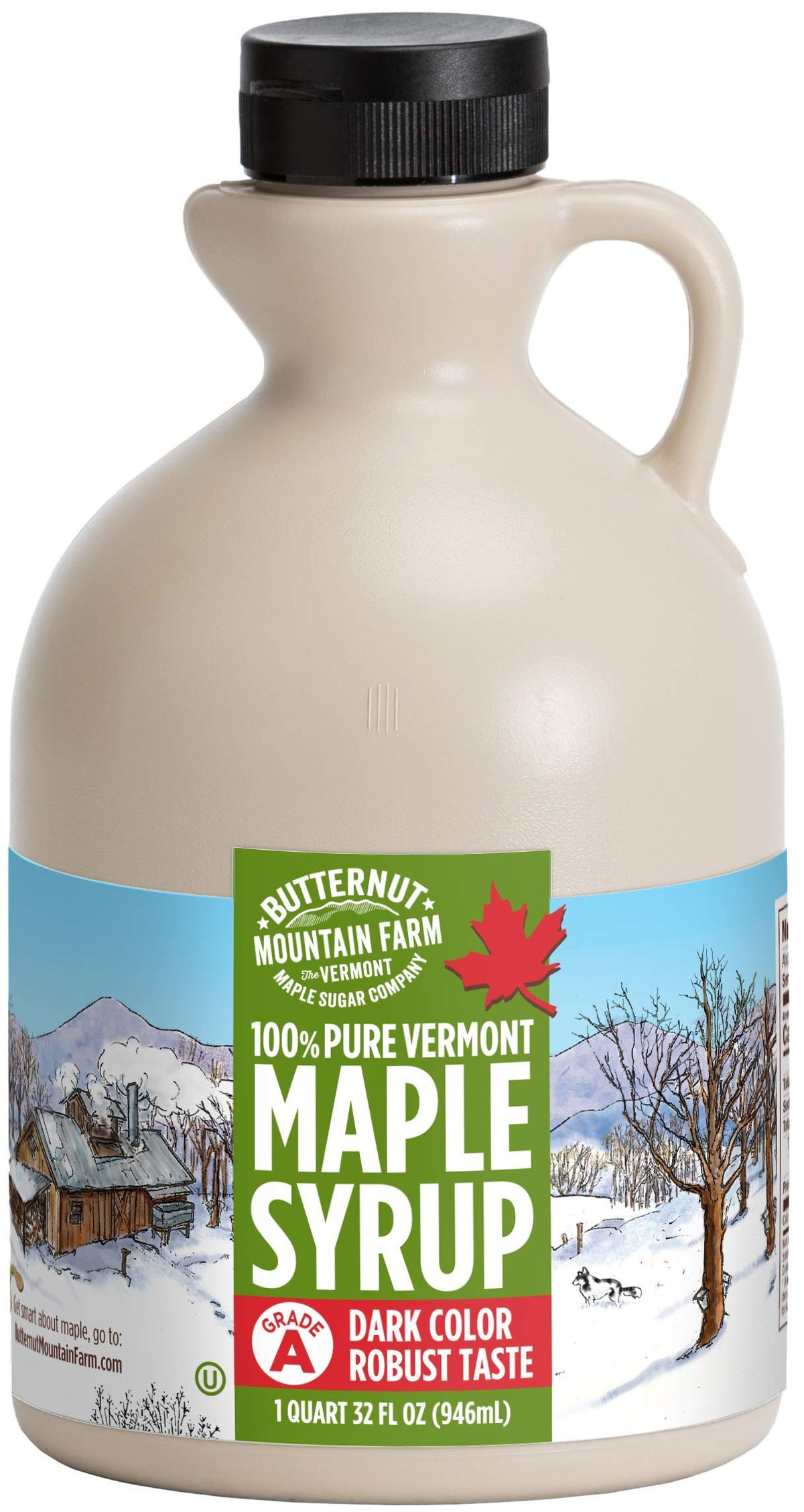 Butternut Mountain Farm botella delantera mostrando etiqueta y vertido fácil