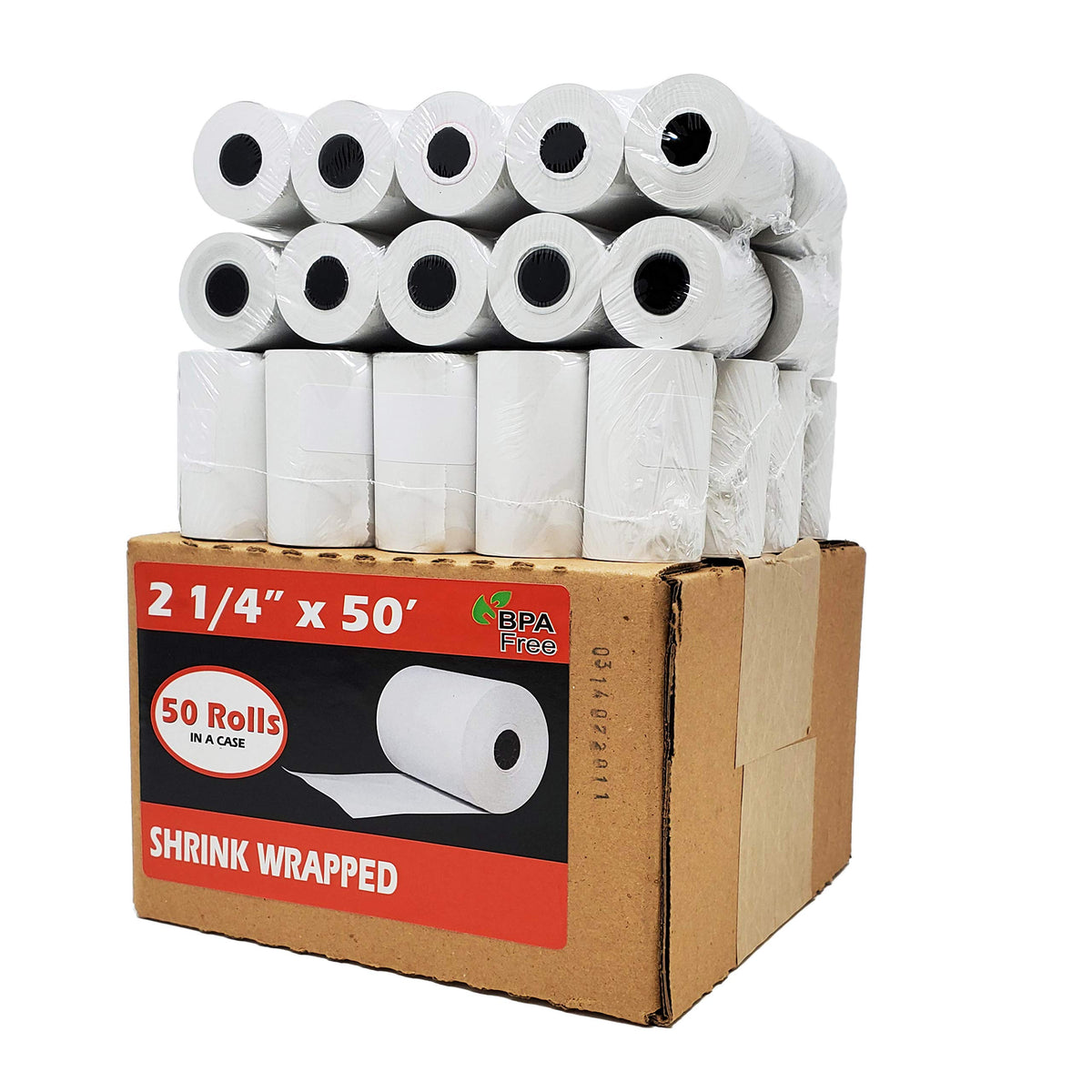 BuyRegisterRolls front packaging of 50 rolls showing compact packs and labeling, reliable supply