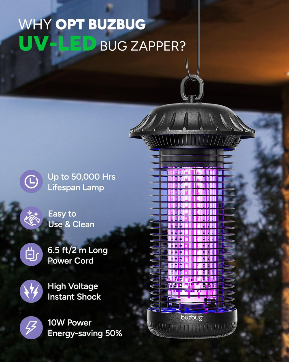 Buzbug close-up de LEDs UV duales mostrando mayor atracción