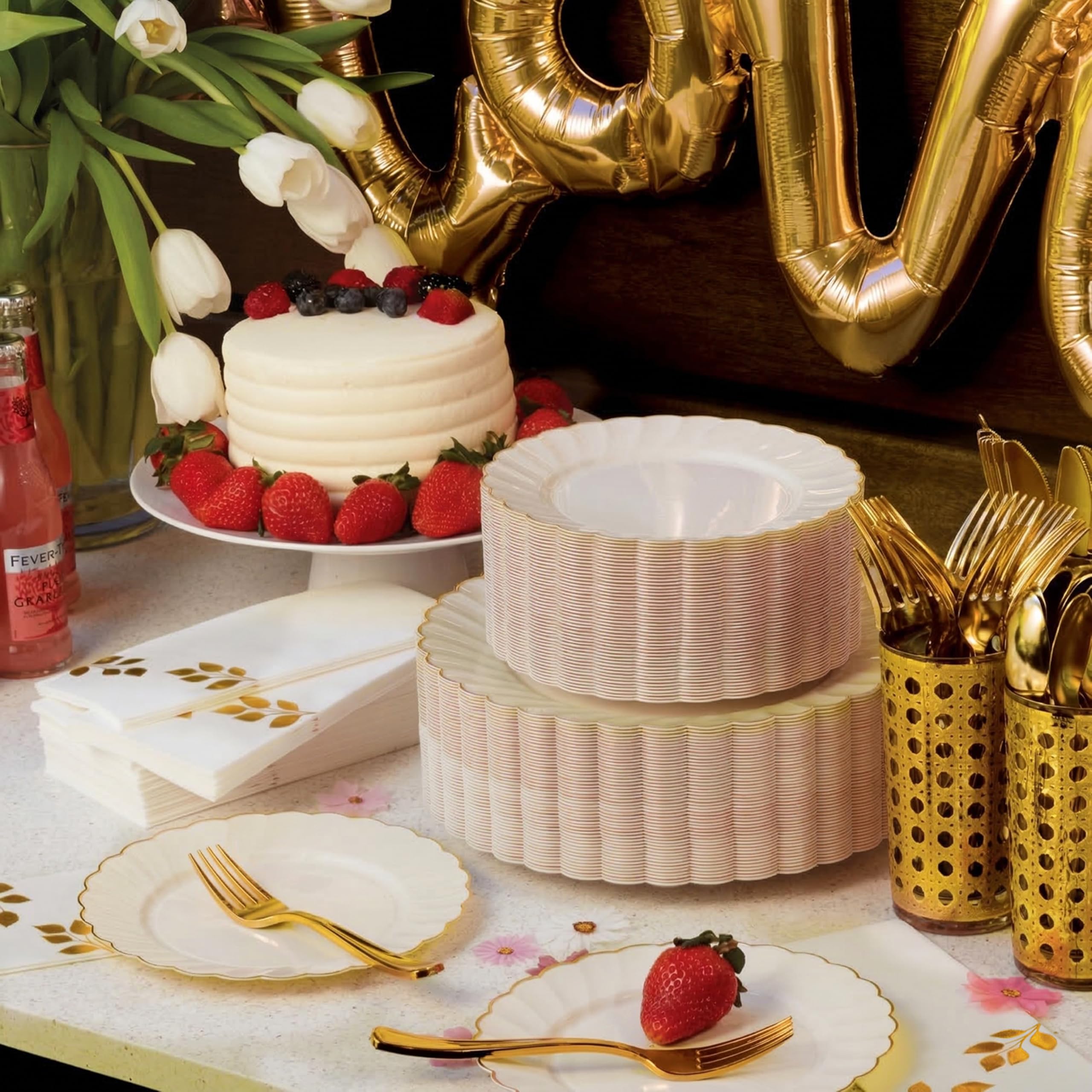By Madee stacked plates showing 100-piece set for effortless hosting