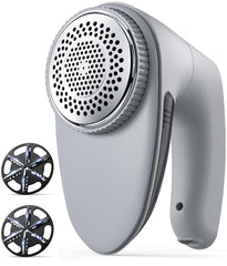 Bymore front view of gray fabric shaver showing controls and design benefits