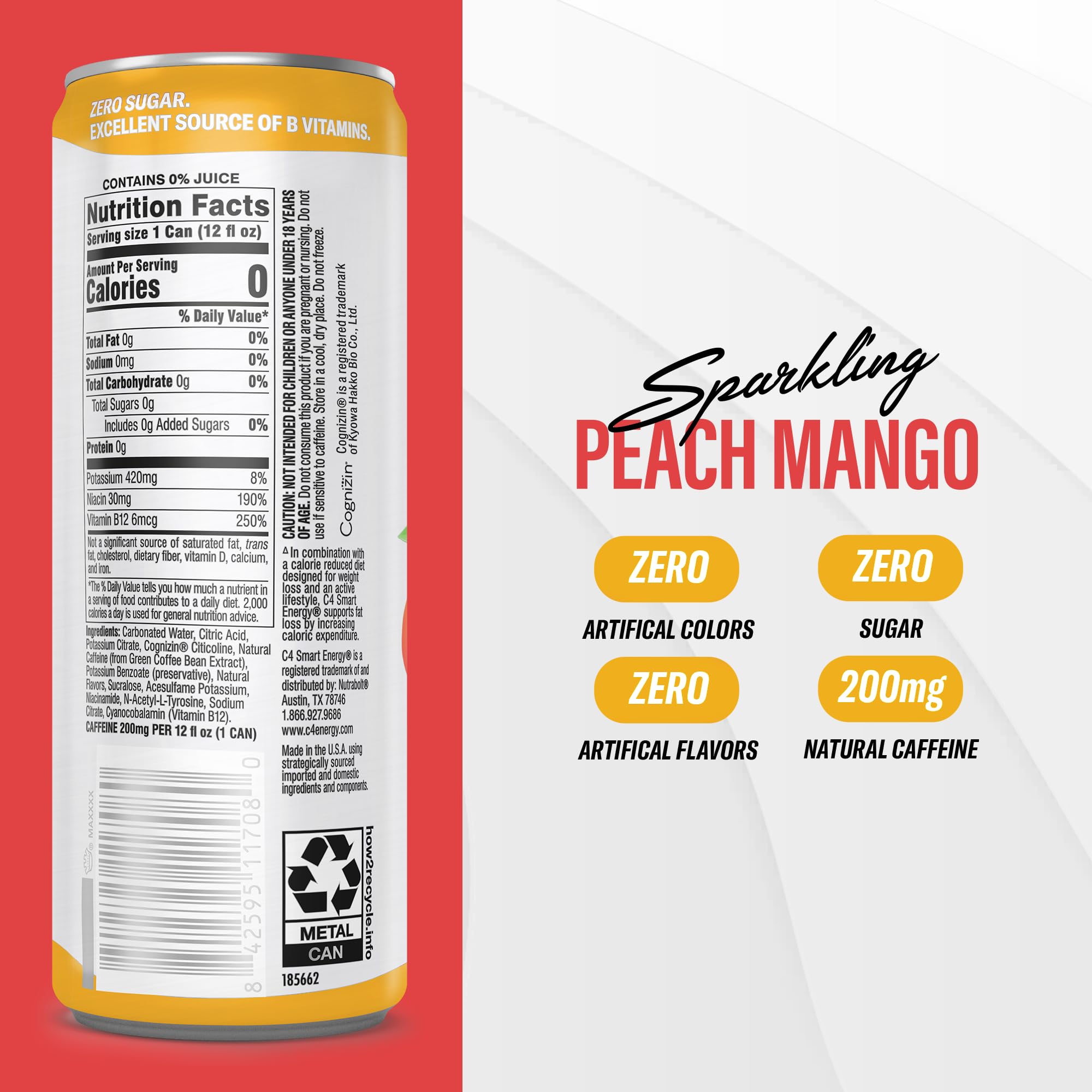 C4 can close-up label highlighting 200mg caffeine and Cognizin benefits