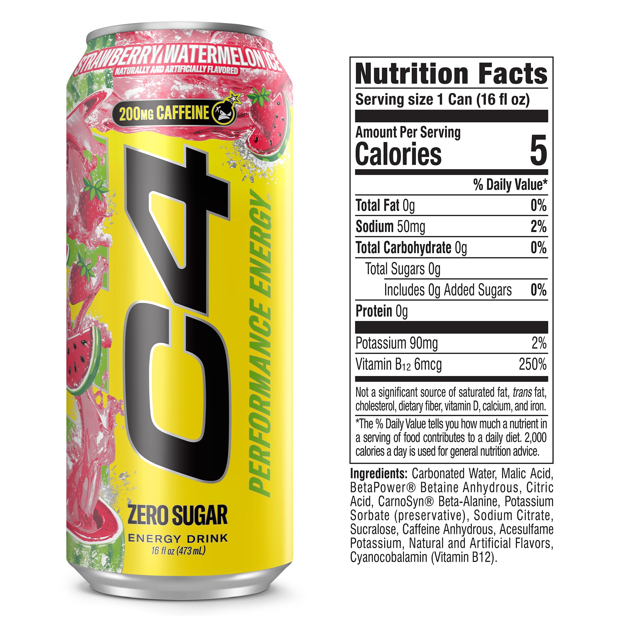 C4 ingredient detail and can in hand highlighting performance benefits on the go
