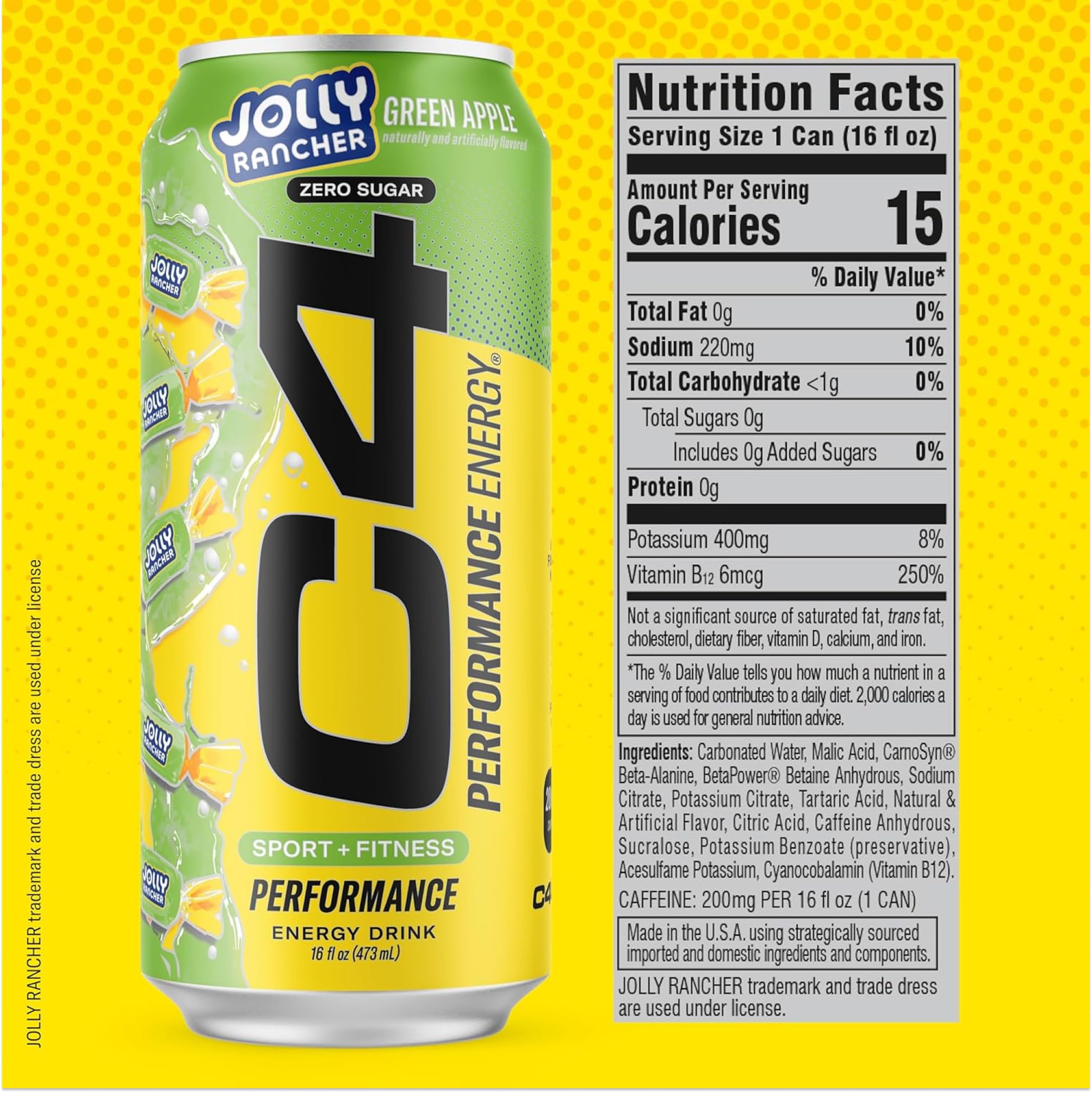 Hand holding 16 fl oz can for scale, C4 portable energy on-the-go