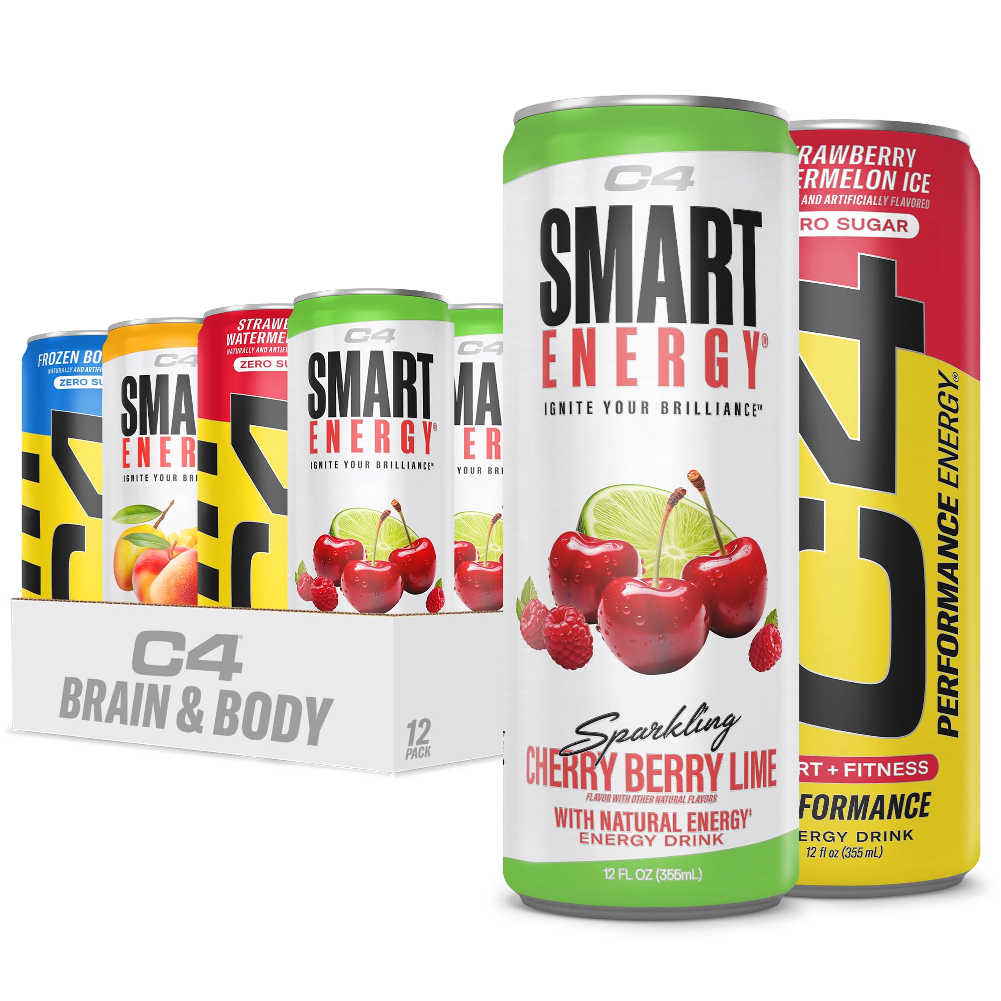 C4 pack frontal de 12 latas mostrando variedad de sabores y conveniencia