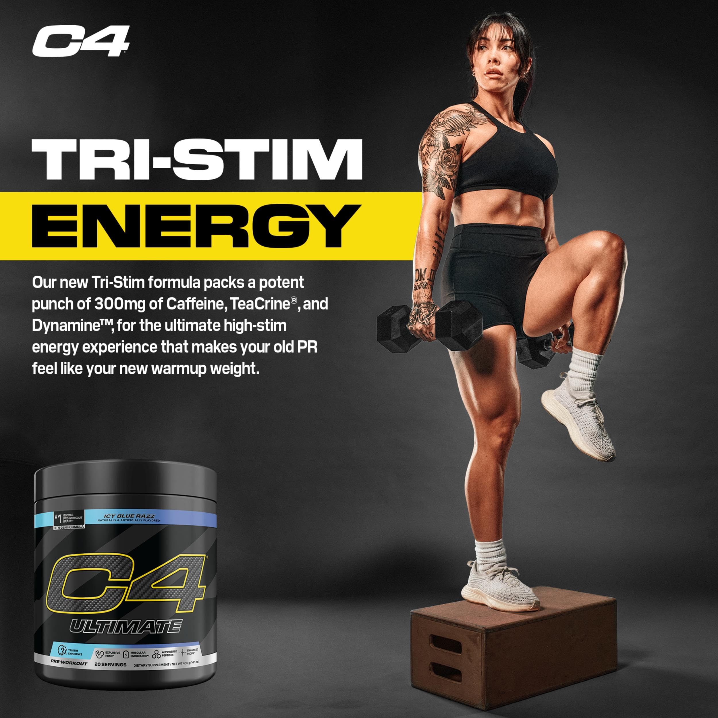 C4 tubo junto a pesas en gimnasio mostrando uso pre-entrenamiento