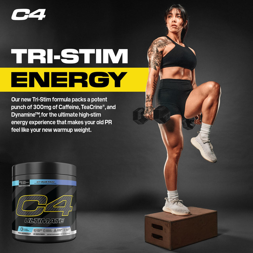 C4 tubo junto a pesas en gimnasio mostrando uso pre-entrenamiento