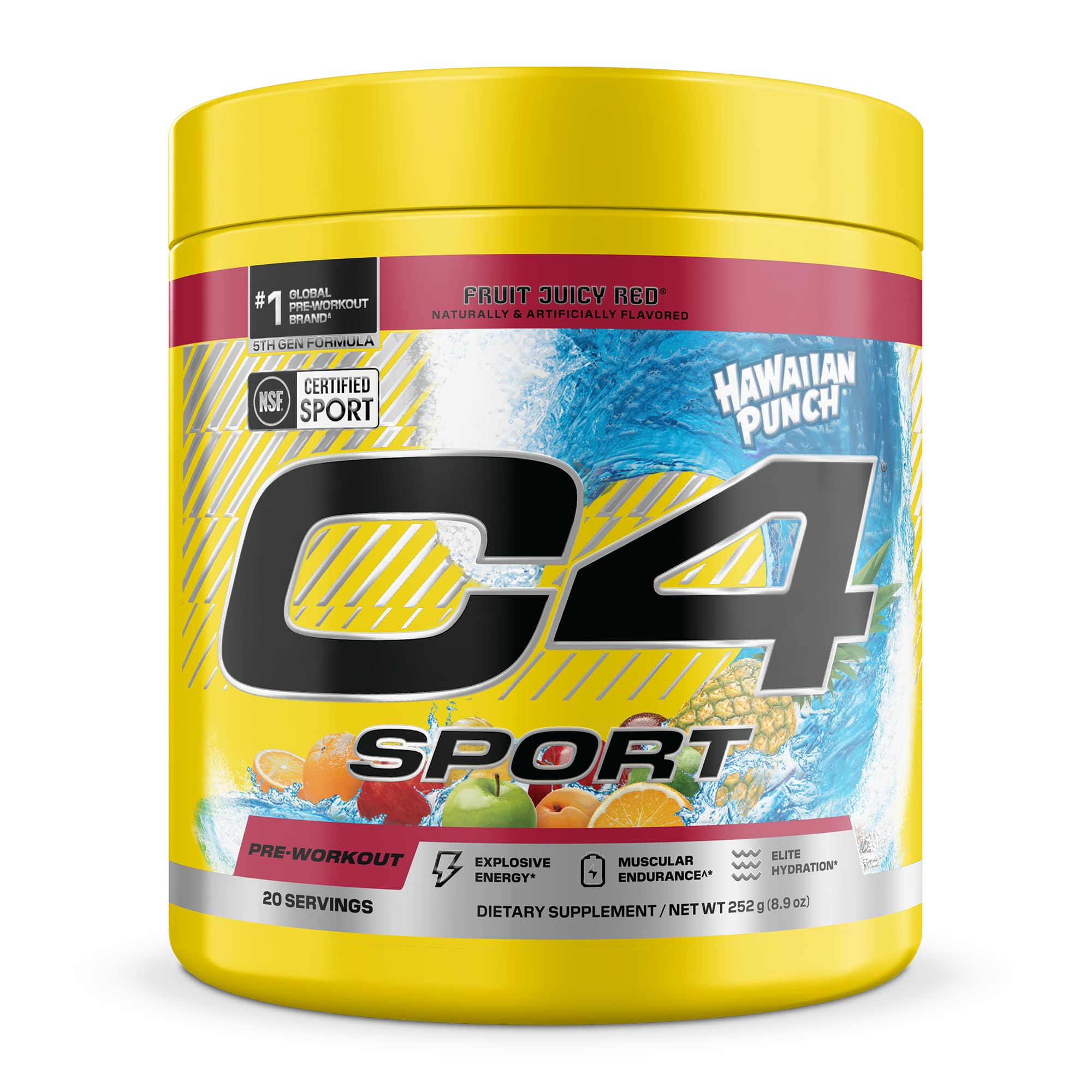 C4 envase frontal Hawaiian Punch mostrando el sabor y beneficios energéticos