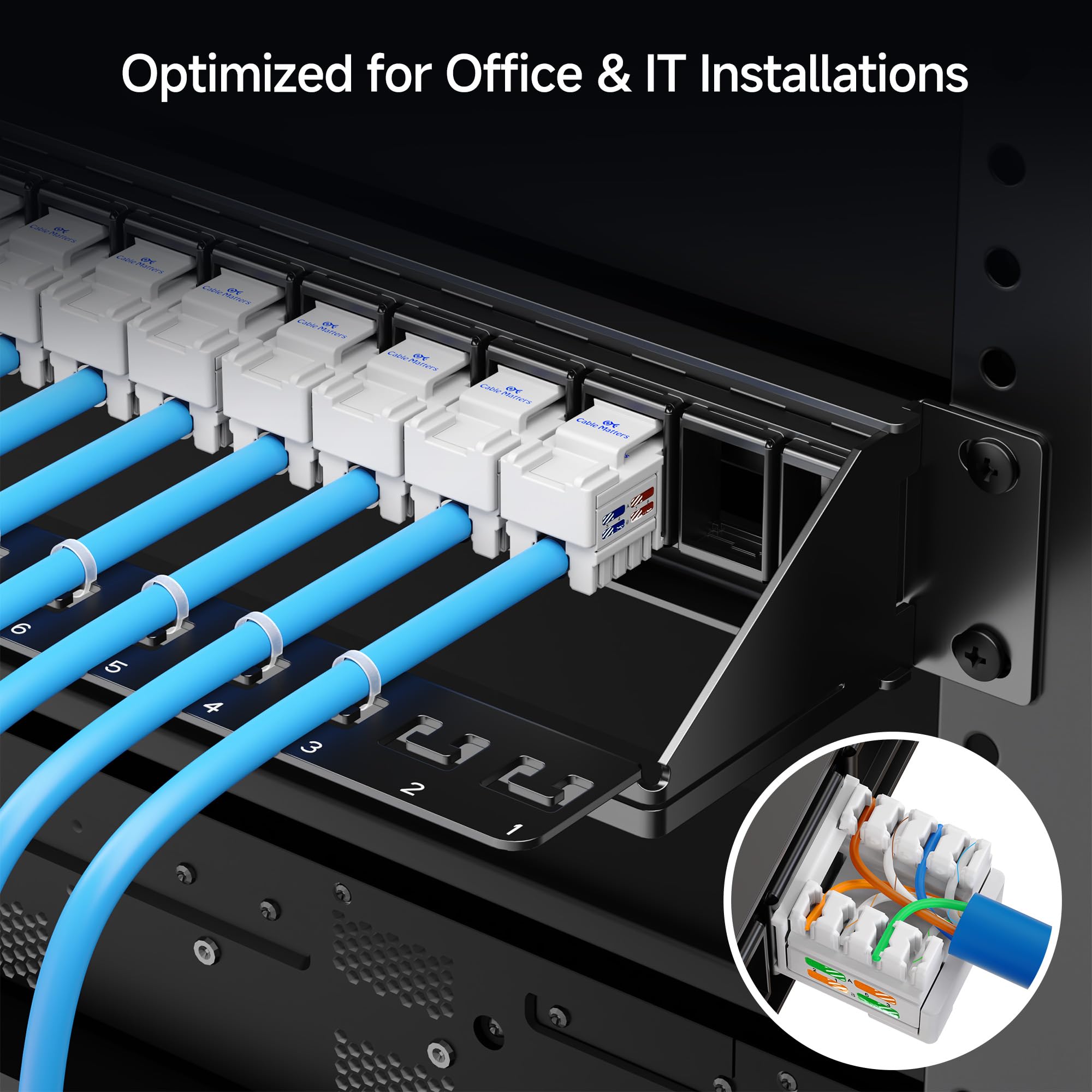 Cable Matters panel montado en rack 19" demostrando integración profesional
