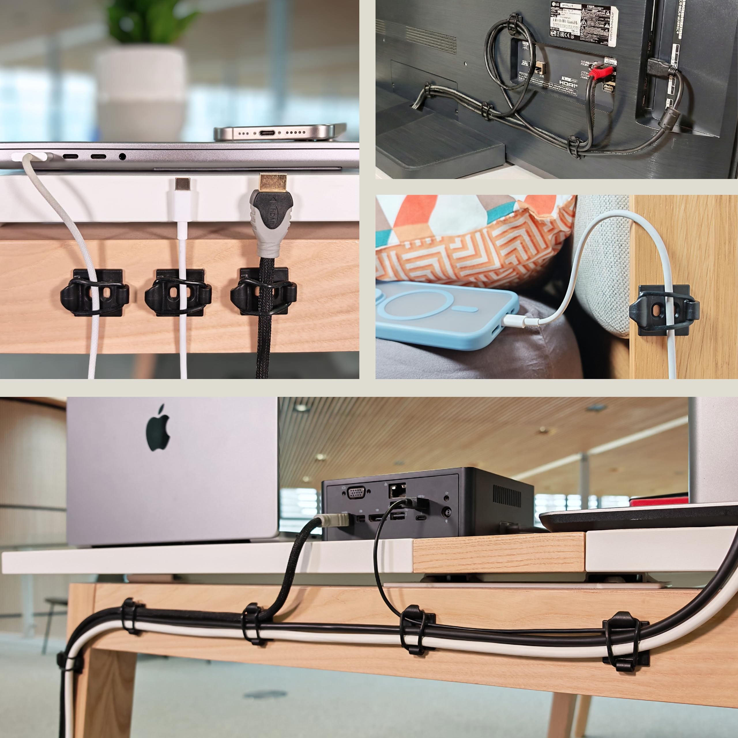 CableGenie sujeta cables bajo escritorio manteniendo espacio despejado