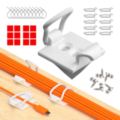 CableGenie frontal del paquete mostrando 10 clips y accesorios, organiza cables eficazmente