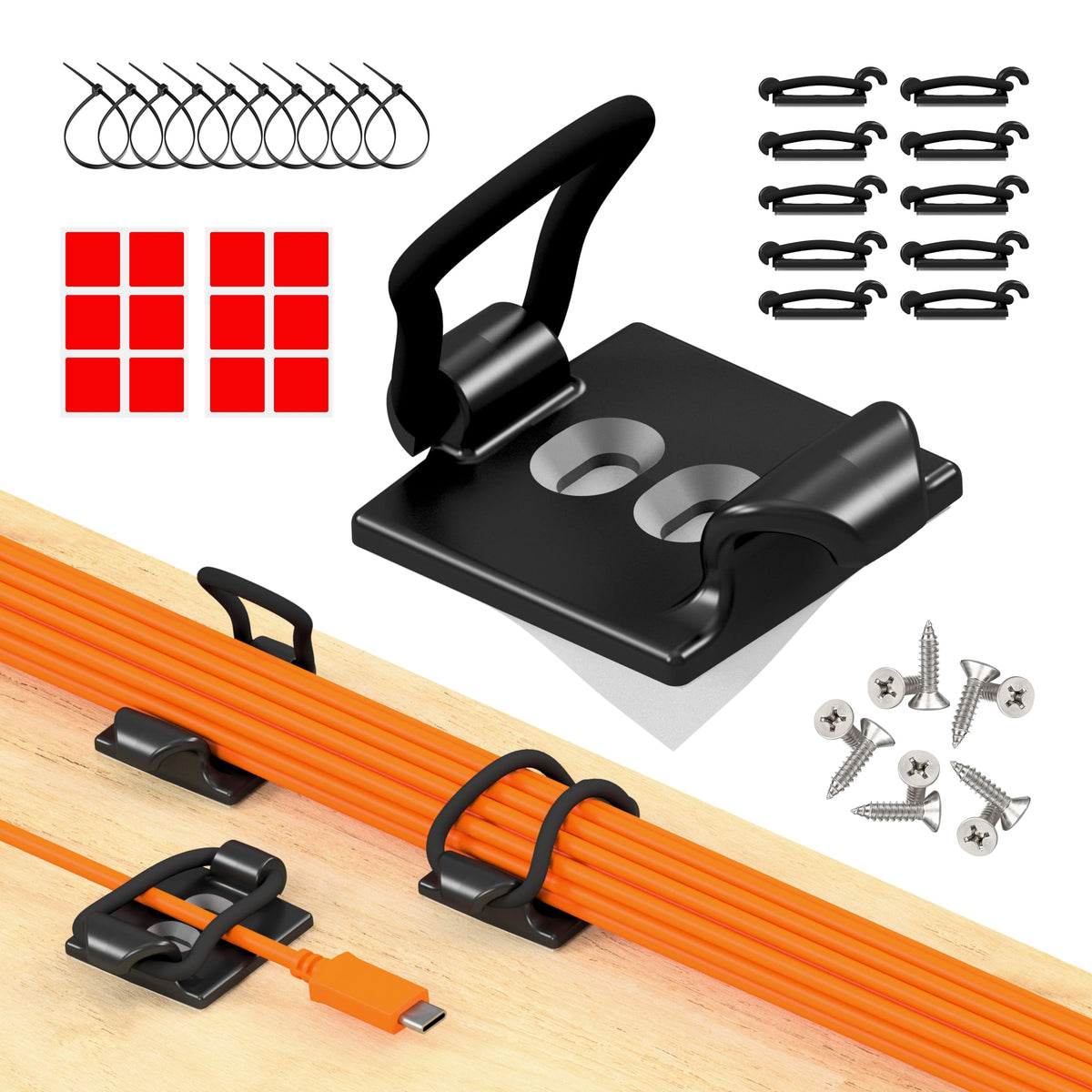 CableGenie paquete frontal con 10 clips y accesorios mostrando orden