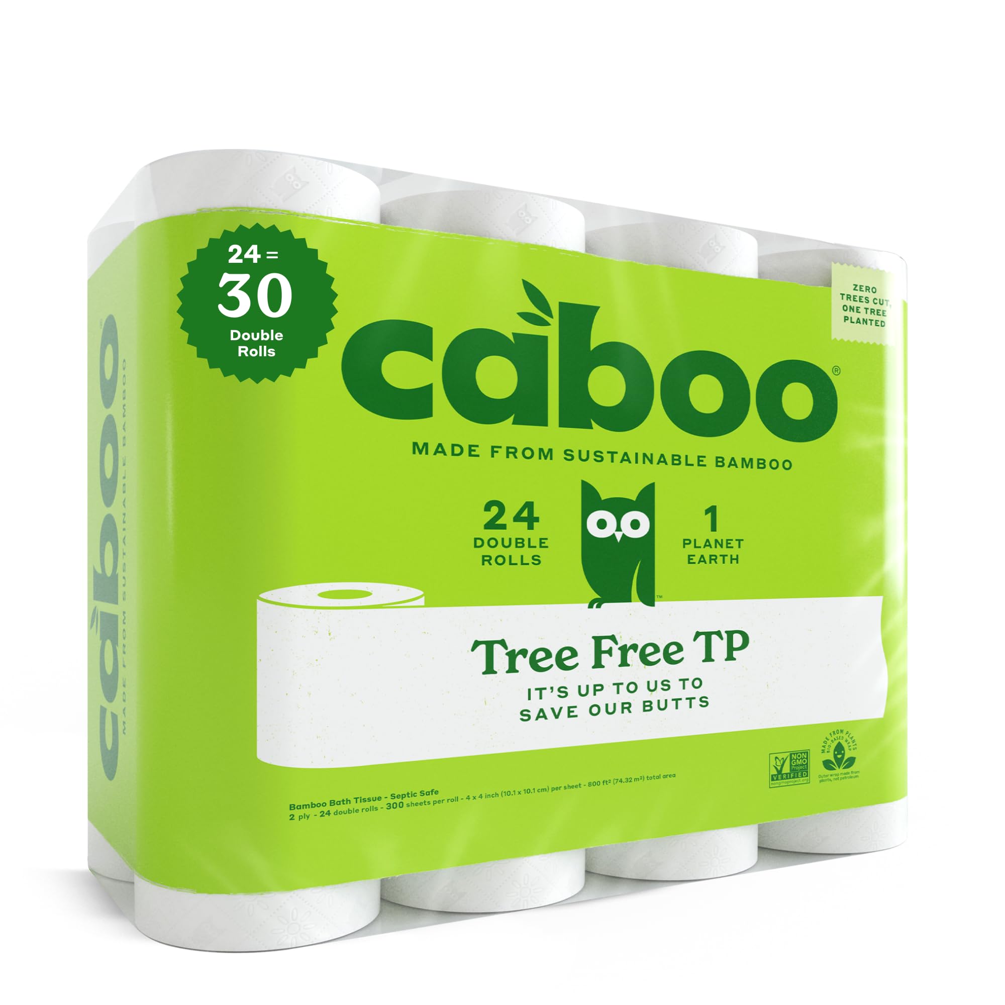Caboo paquete frontal 24 rollos mostrando ahorro y sustentabilidad