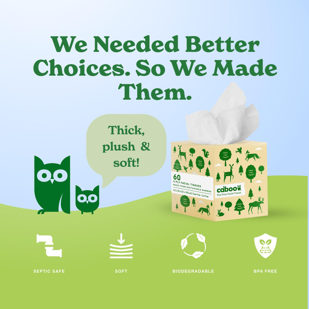 Caboo tissue cleaning glasses showing lint-free, streak-free benefit