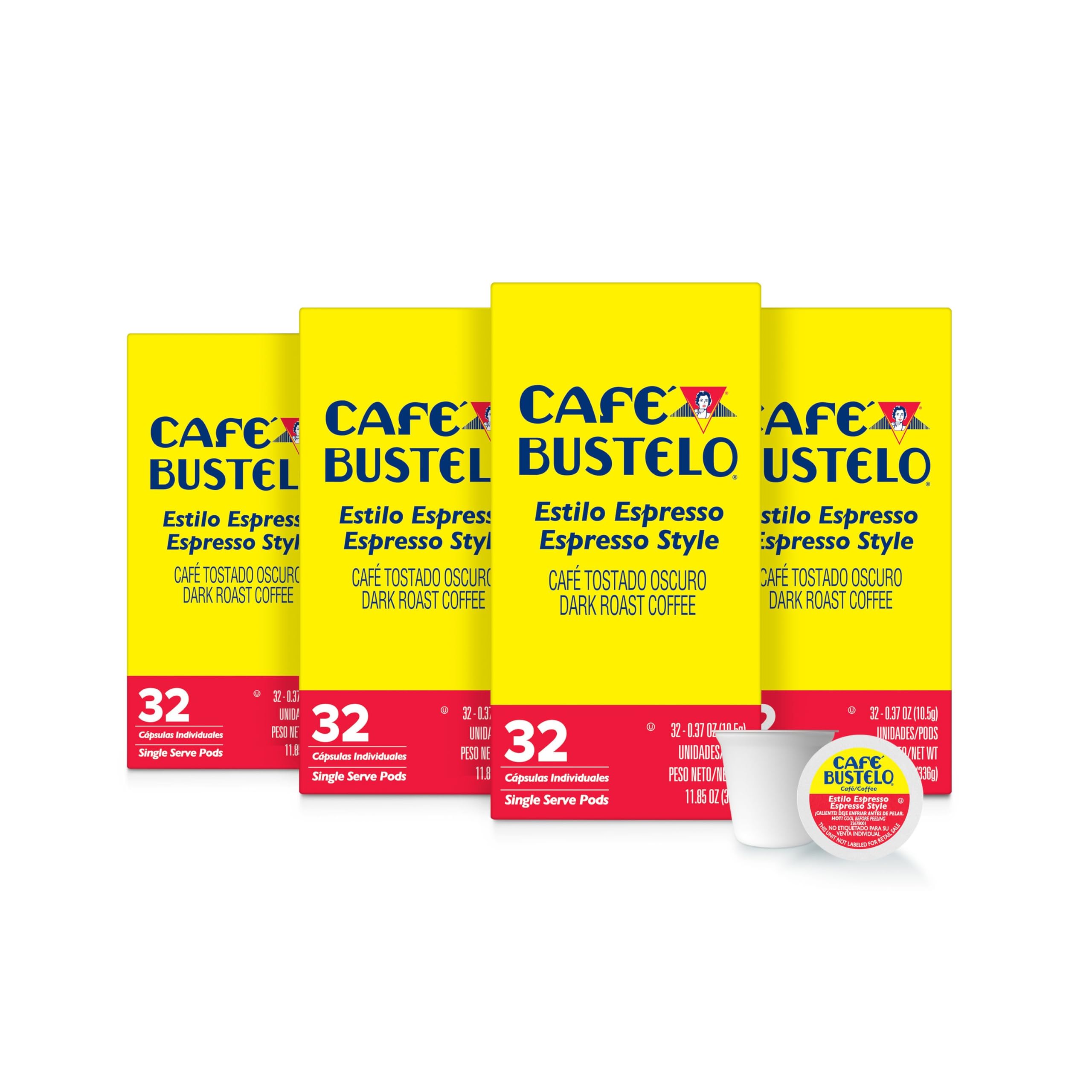 Café Bustelo frente del empaque mostrando cantidad y diseño práctico