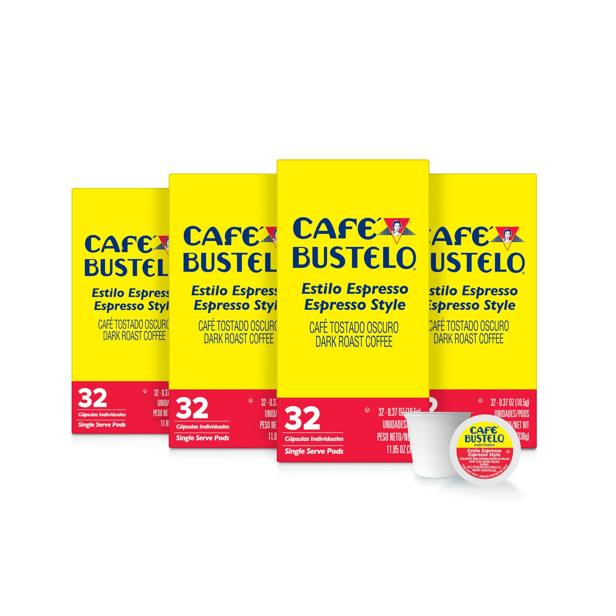 Café Bustelo frente del empaque mostrando cantidad y diseño práctico