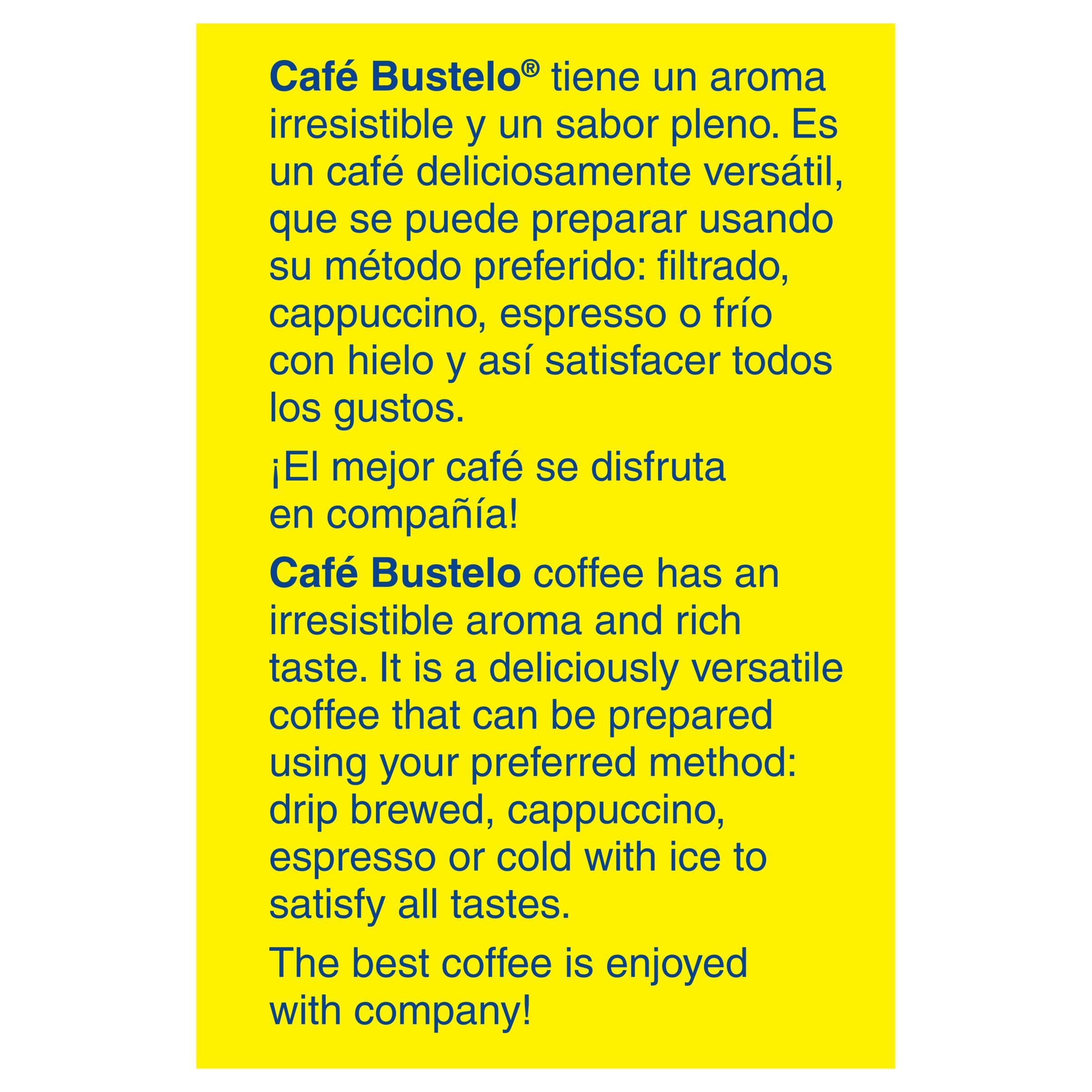 Café Bustelo taza de espresso preparada que ilustra intensidad y crema apetecible