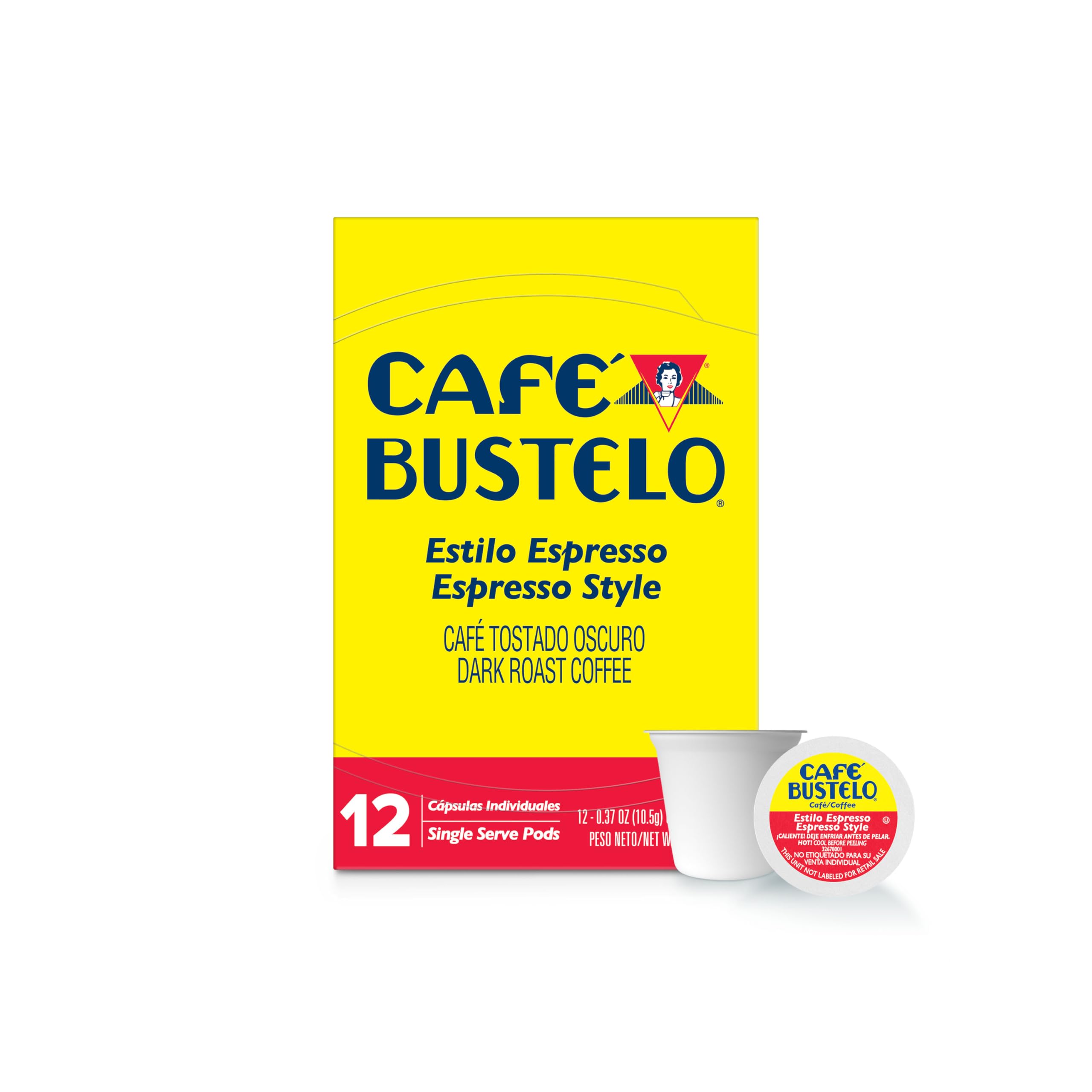Café Bustelo empaque frontal con 12 cápsulas mostrando conveniencia y aroma