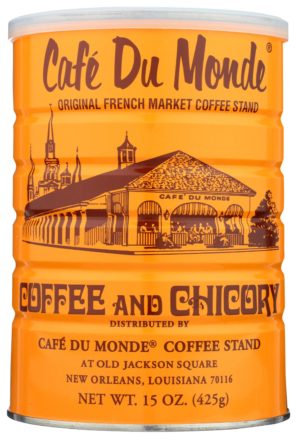 Cafe Du Monde lata frontal mostrando el diseño clásico y autenticidad