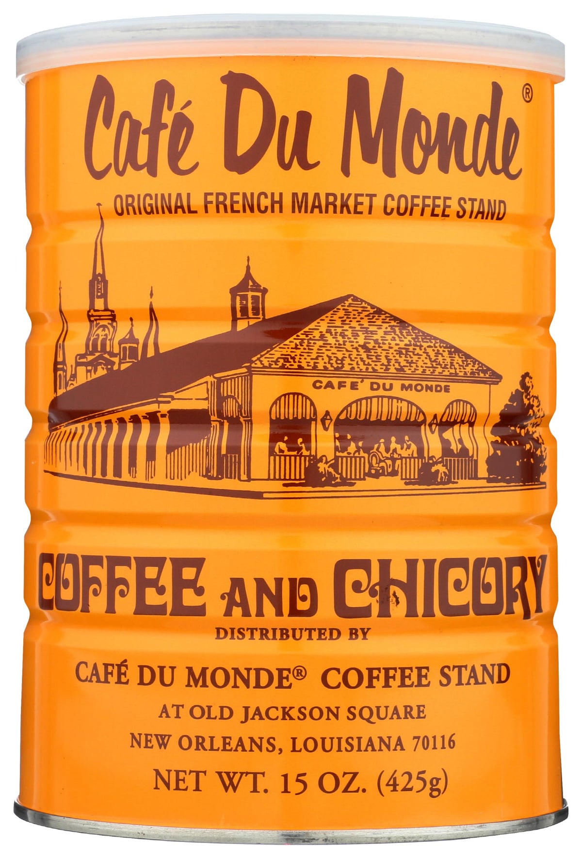Cafe Du Monde lata frontal mostrando el diseño clásico y autenticidad