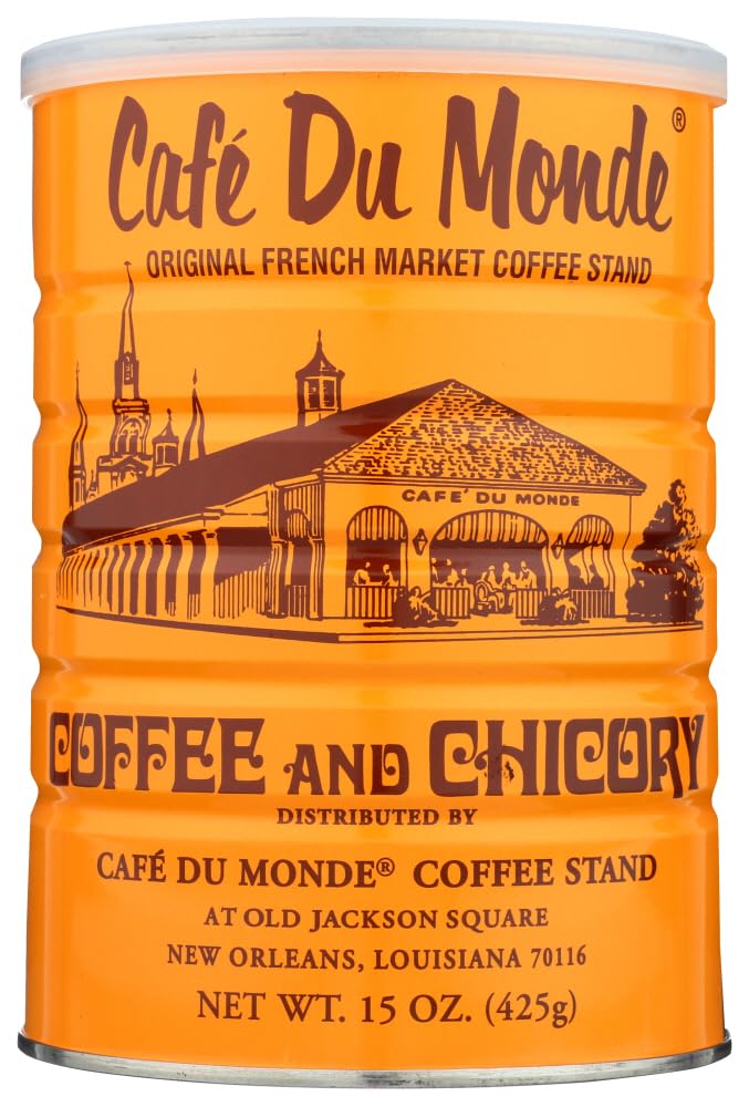 Cafe Du Monde vista frontal de lata 15 oz con etiqueta legible y almacenamiento seguro