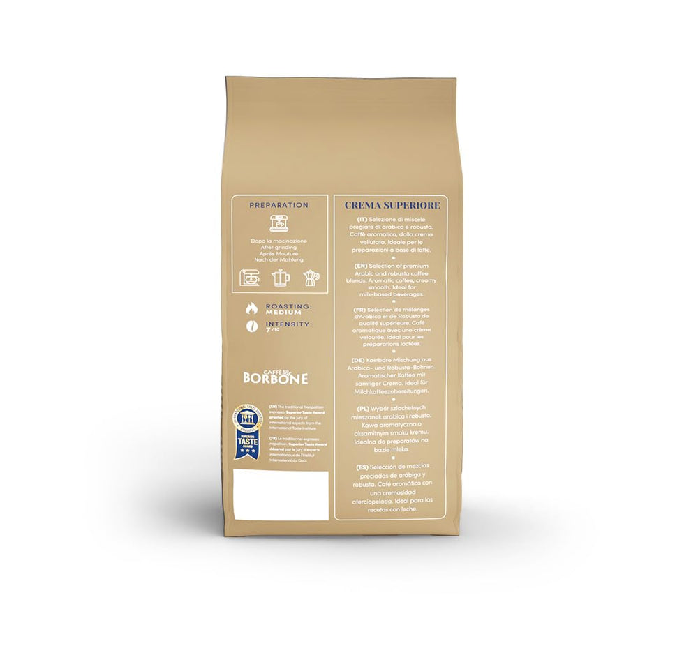 Caffè Borbone etiqueta detallada con información de mezcla y orígenes