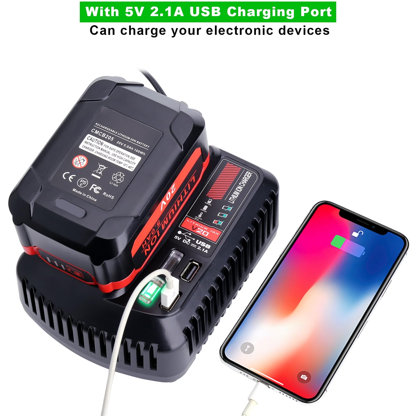 Cailingbat en obra con herramienta V20 y puerto USB cargando teléfono