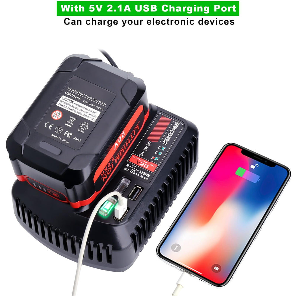 Cailingbat en obra con herramienta V20 y puerto USB cargando teléfono